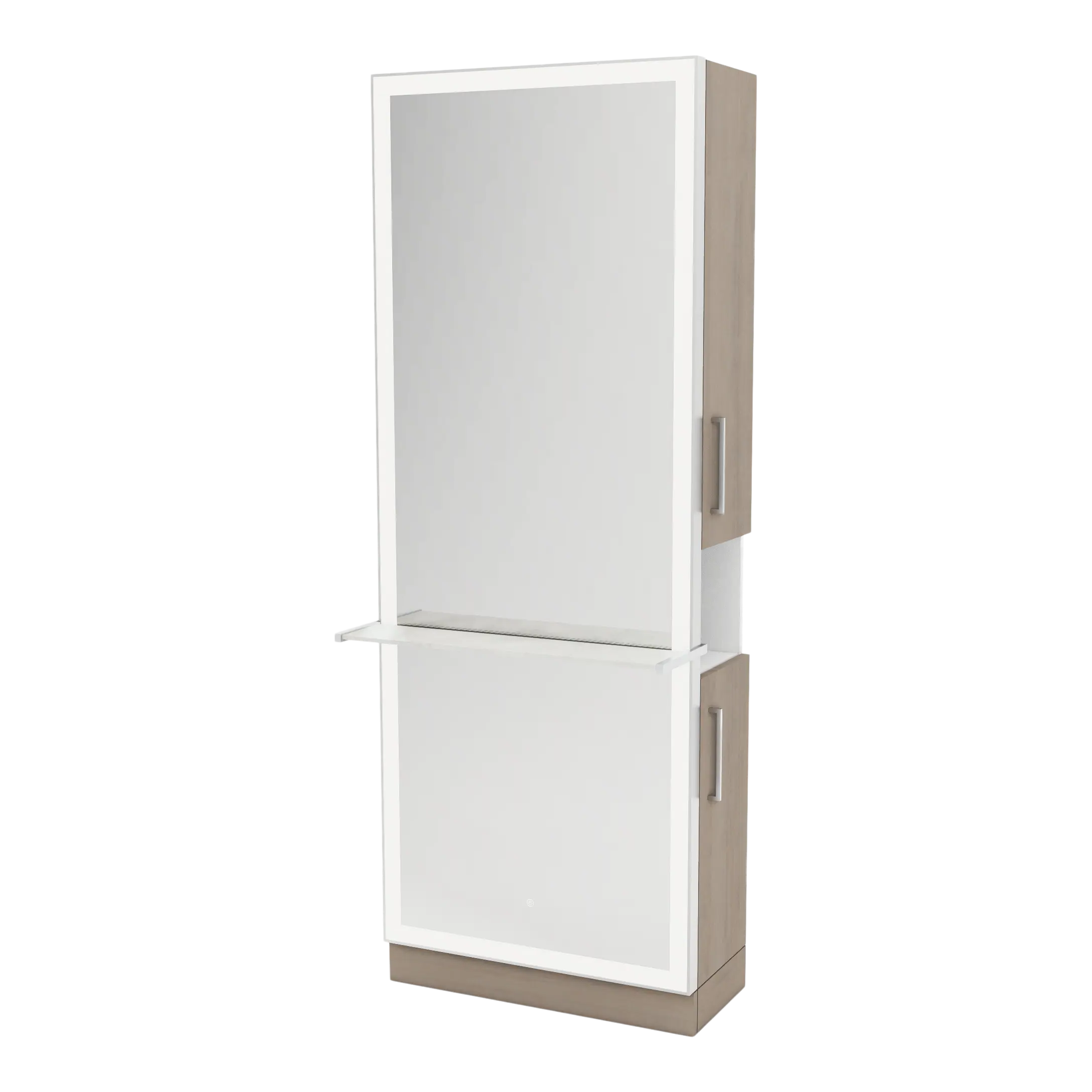 Glo Single Operator Styling Station with Pull-out Appliance Holder, Solid Surface Shelf, and Silver Rectangle Glo Mirror