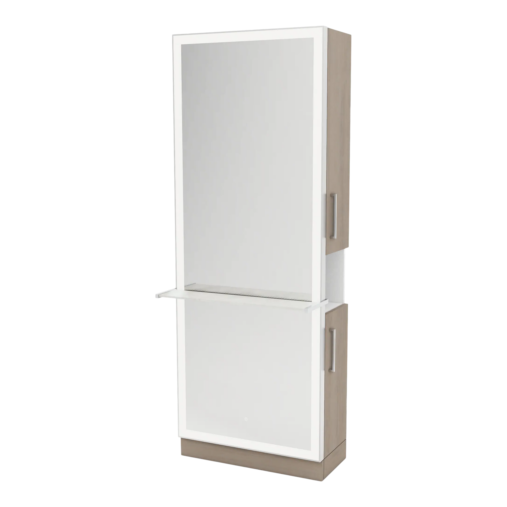 Glo Single Operator Styling Station with Pull-out Appliance Holder, Solid Surface Shelf, and Silver Rectangle Glo Mirror