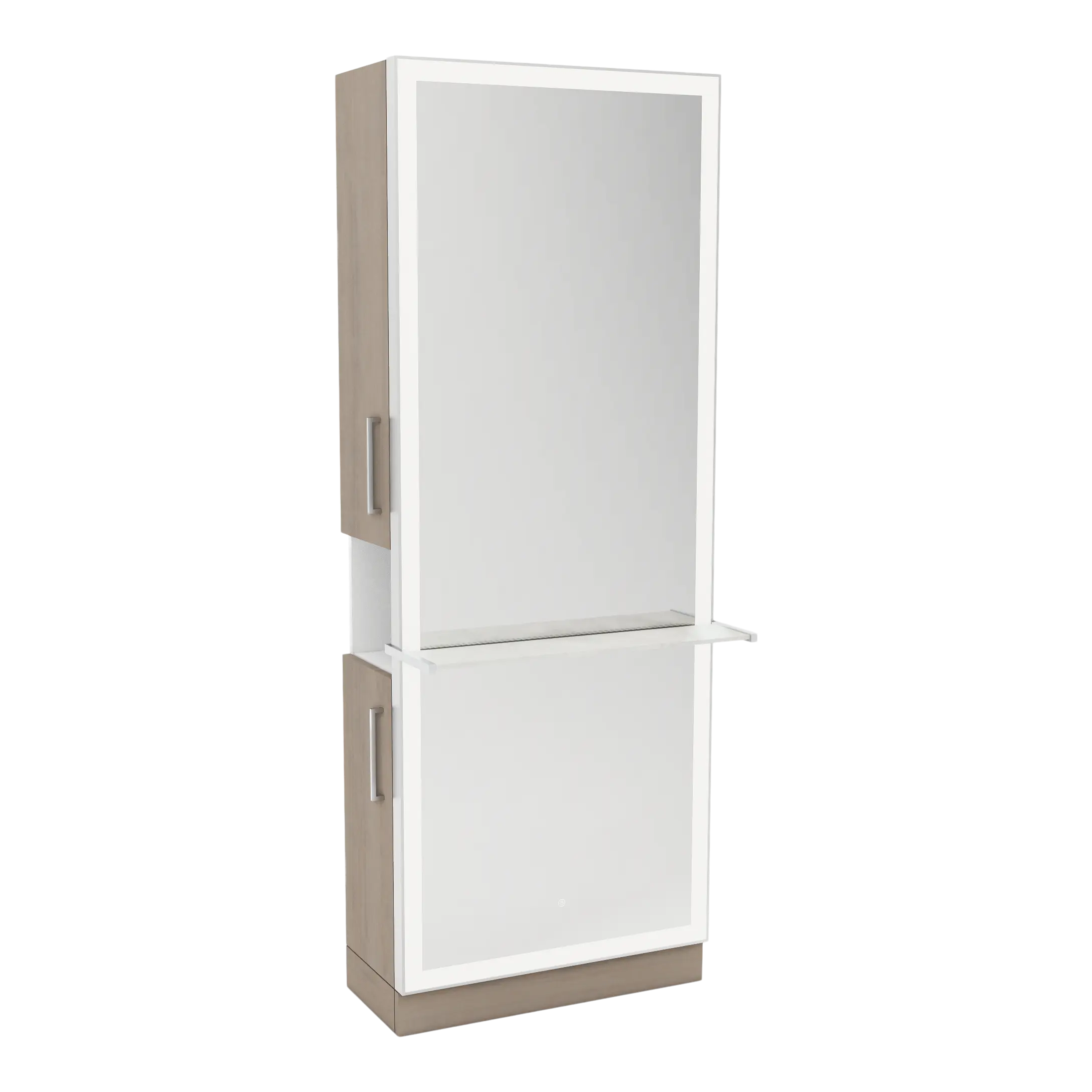 Glo Single Operator Styling Station with Pull-out Appliance Holder, Solid Surface Shelf, and Silver Rectangle Glo Mirror