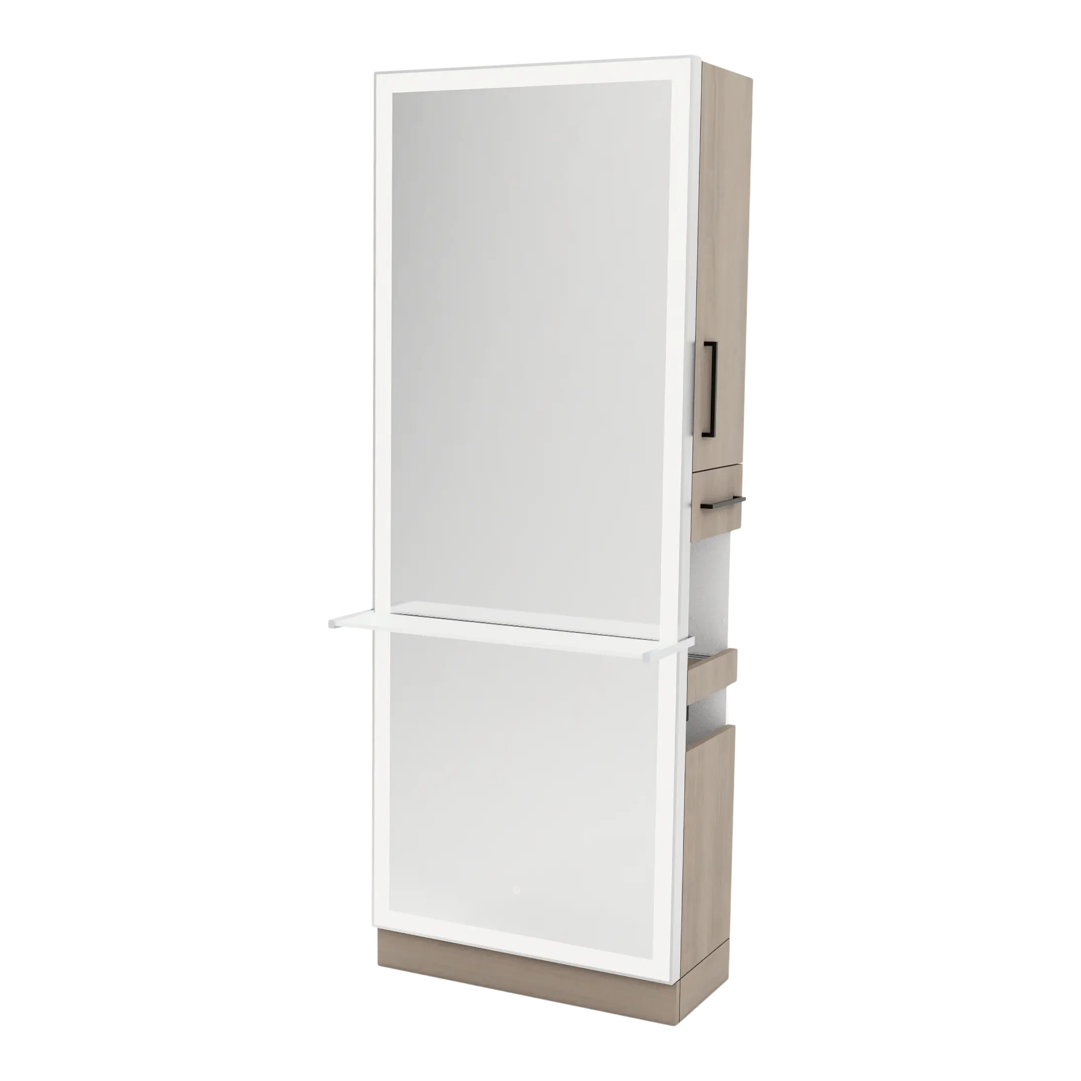 Glo Single Operator Styling Station with Pull-out Appliance Holder, Solid Surface Shelf, and Silver Rectangle Glo Mirror