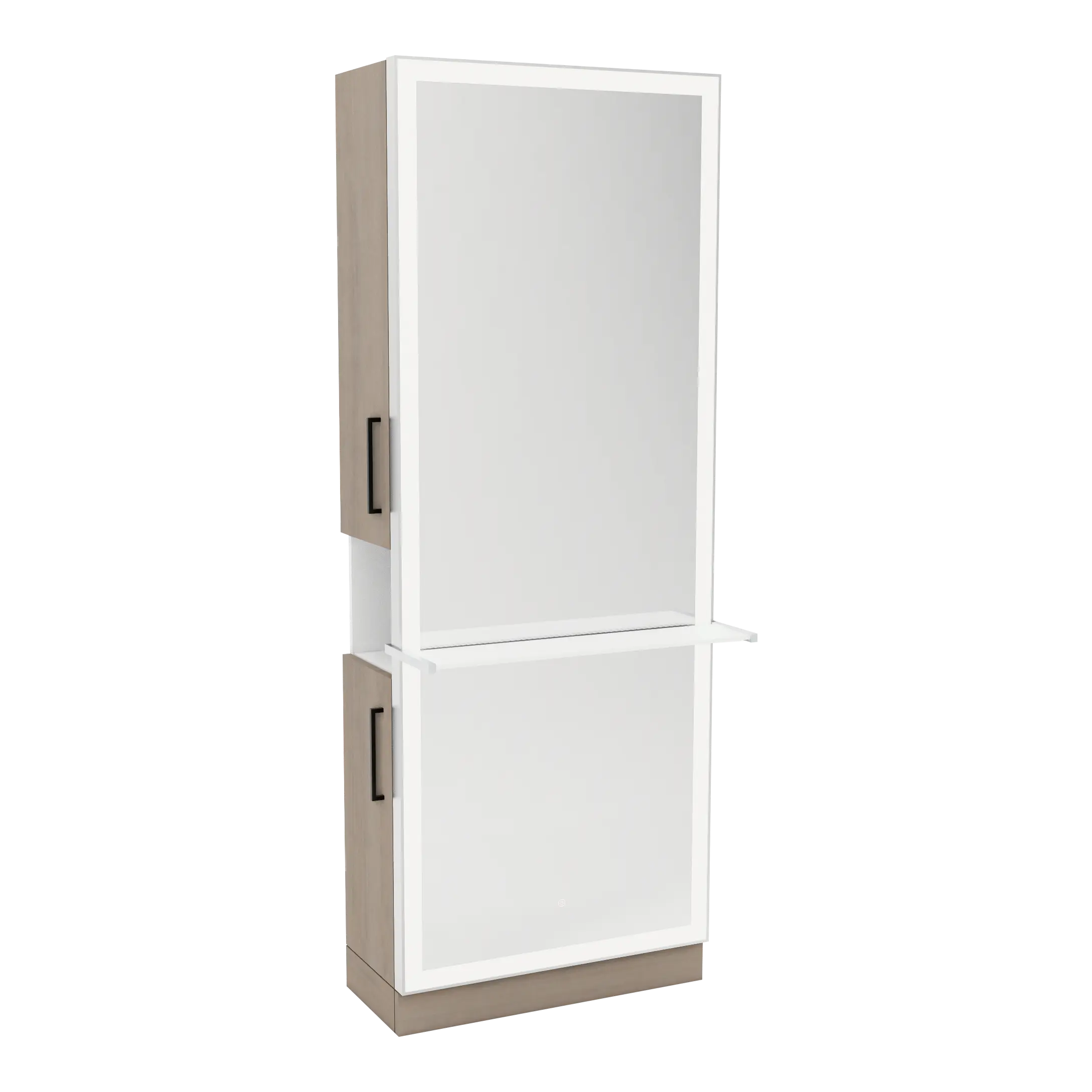 Glo Single Operator Styling Station with Pull-out Appliance Holder, Solid Surface Shelf, and Silver Rectangle Glo Mirror