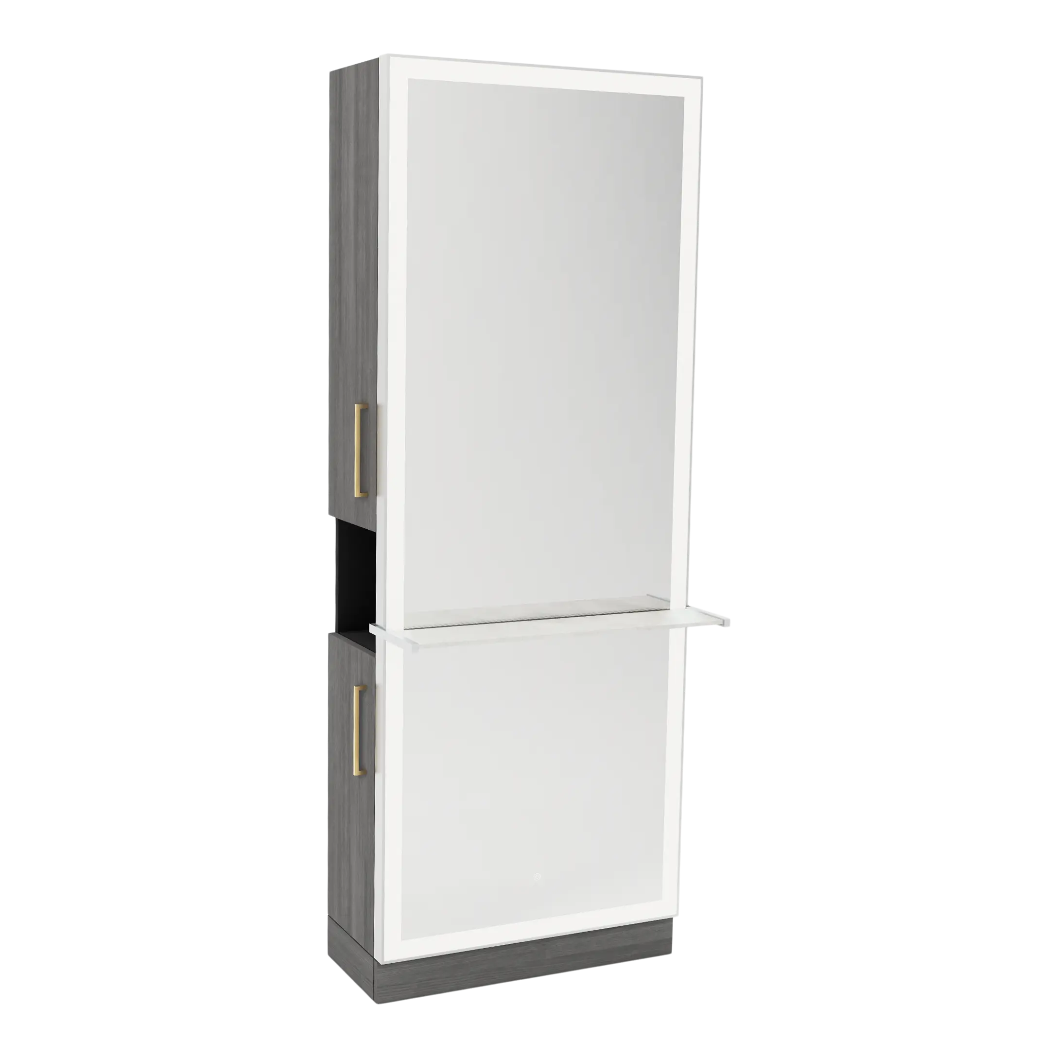 Glo Single Operator Styling Station with Pull-out Appliance Holder, Solid Surface Shelf, and Silver Rectangle Glo Mirror