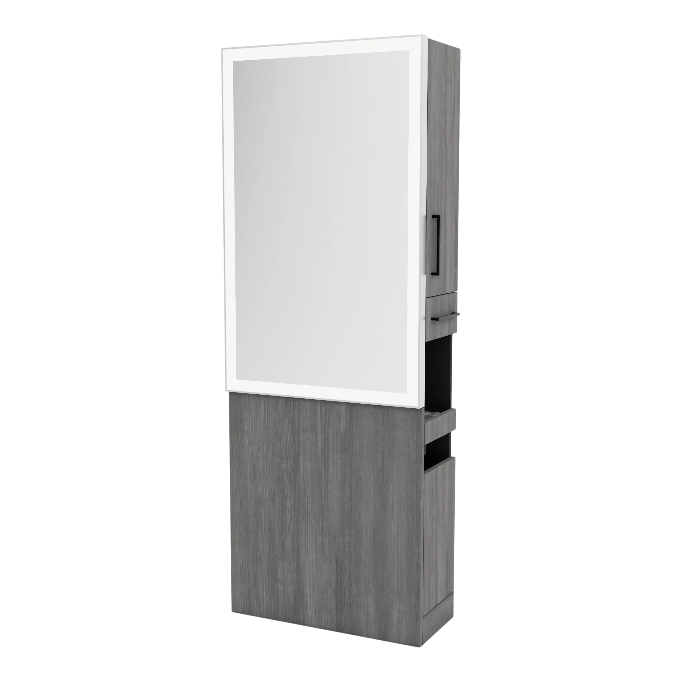 Glo Single Operator Styling Station with Pull-out Appliance Holder and Silver Rectangle Glo Mirror