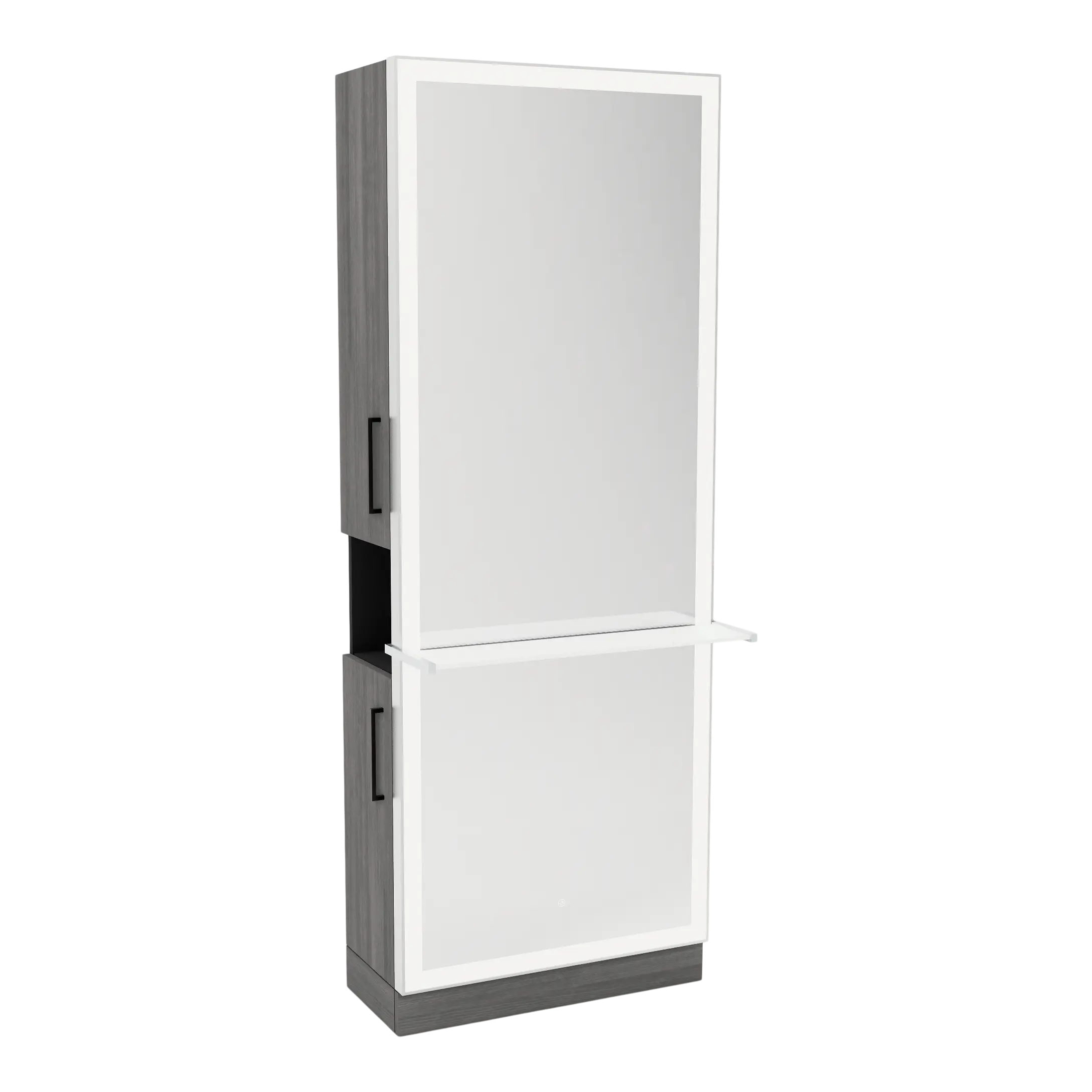 Glo Single Operator Styling Station with Pull-out Appliance Holder, Solid Surface Shelf, and Silver Rectangle Glo Mirror