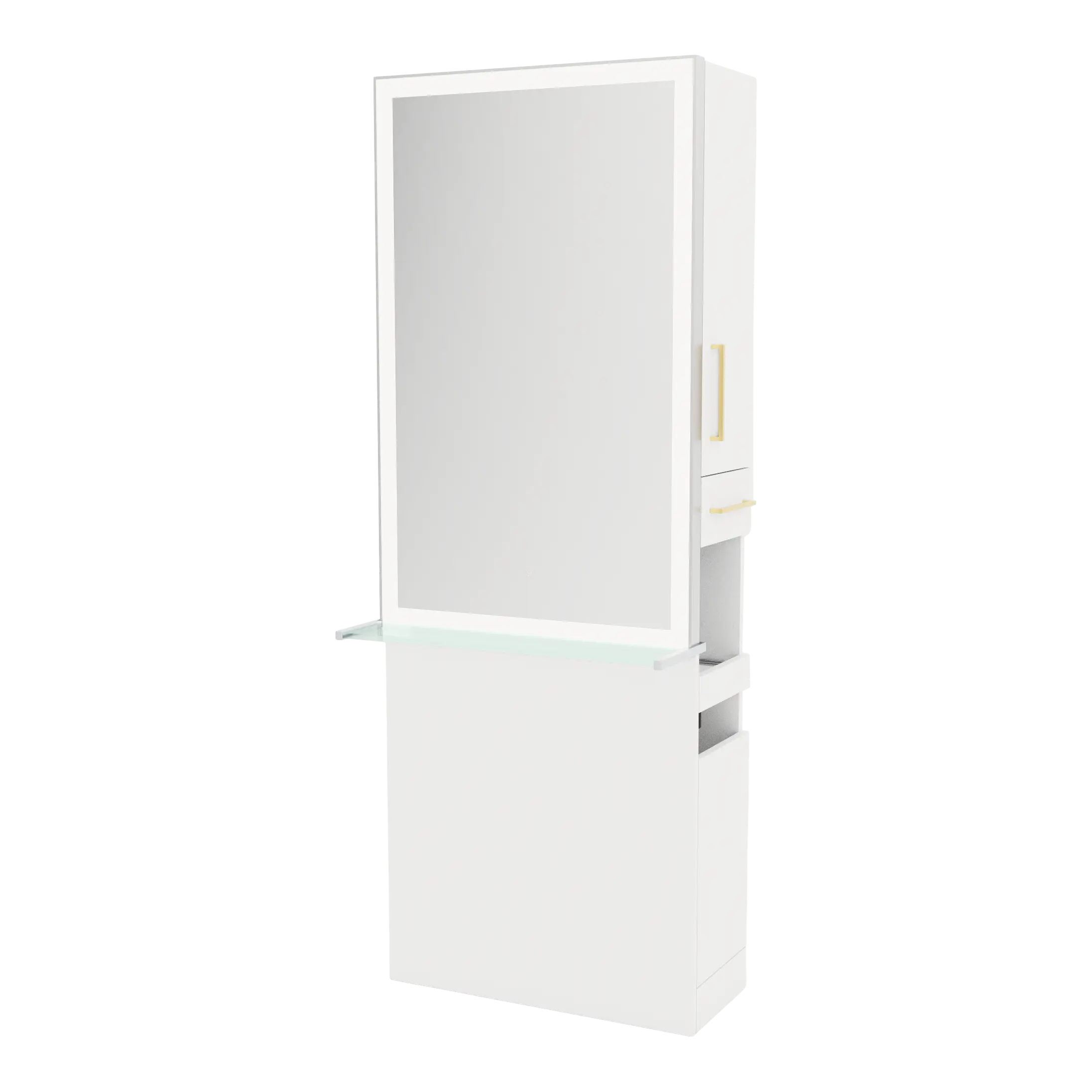 Glo Single Operator Styling Station with Pull-out Appliance Holder, Glass Shelf and Silver Rectangle Glo Mirror