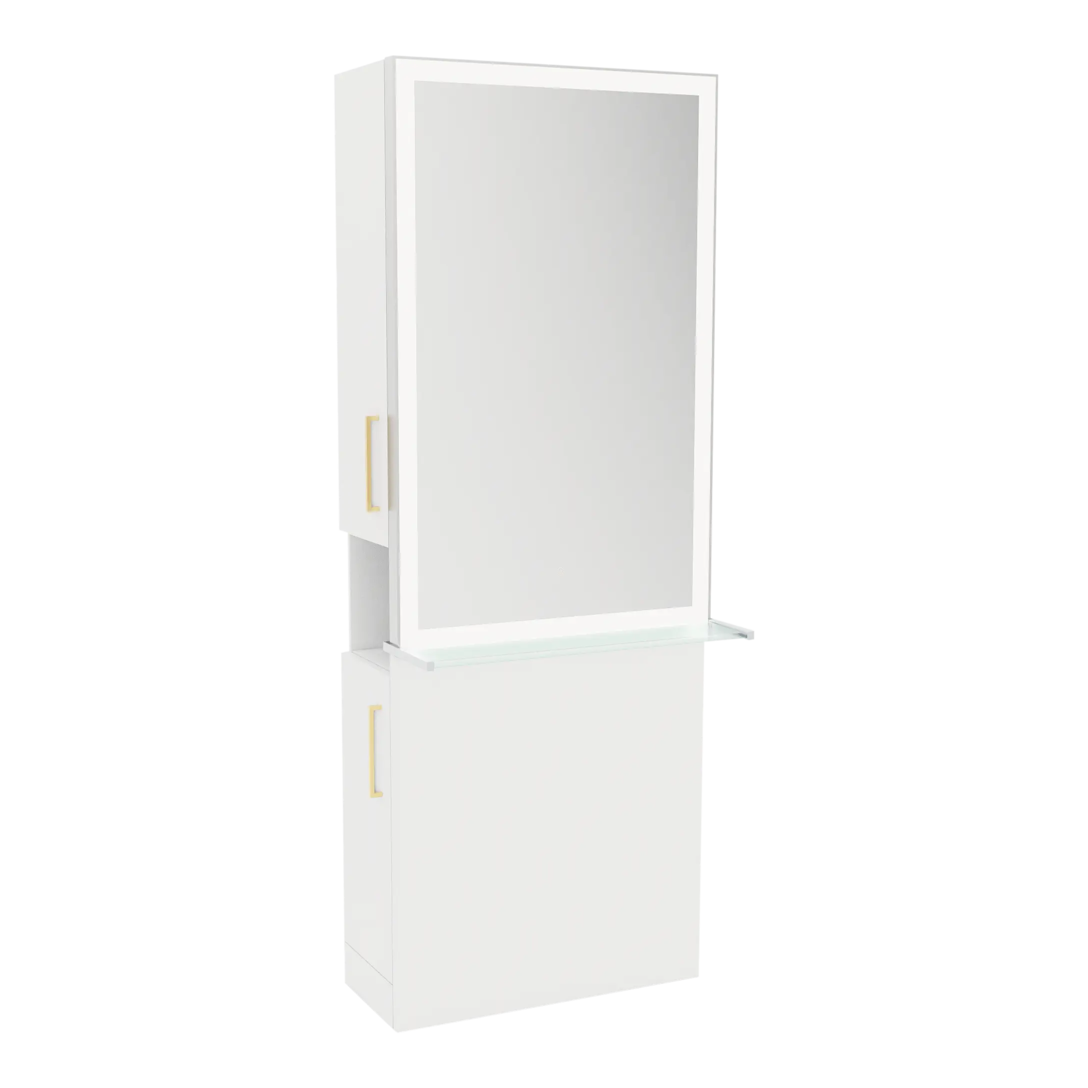 Glo Single Operator Styling Station with Pull-out Appliance Holder, Glass Shelf and Silver Rectangle Glo Mirror