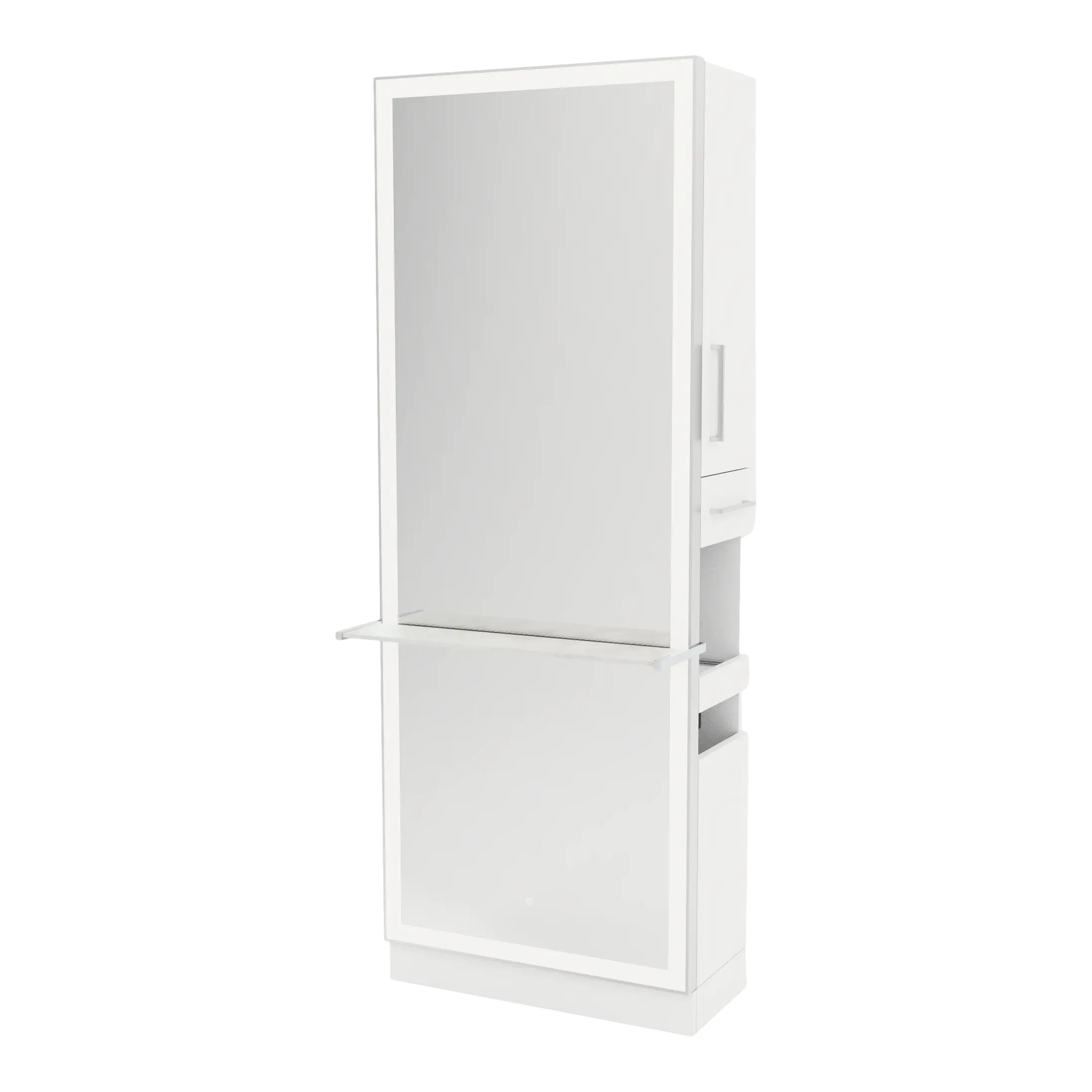 Glo Single Operator Styling Station with Pull-out Appliance Holder, Solid Surface Shelf, and Silver Rectangle Glo Mirror