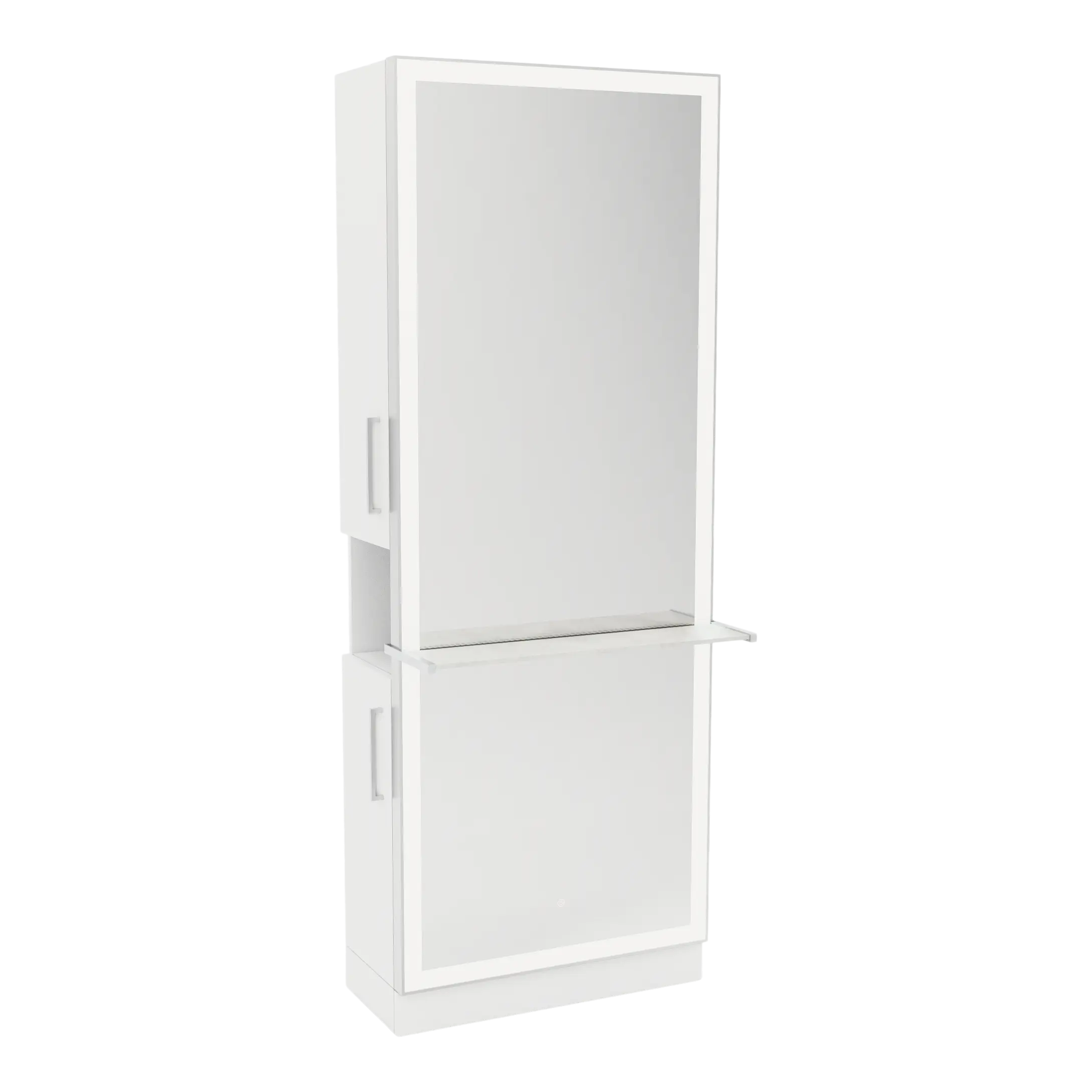 Glo Single Operator Styling Station with Pull-out Appliance Holder, Solid Surface Shelf, and Silver Rectangle Glo Mirror