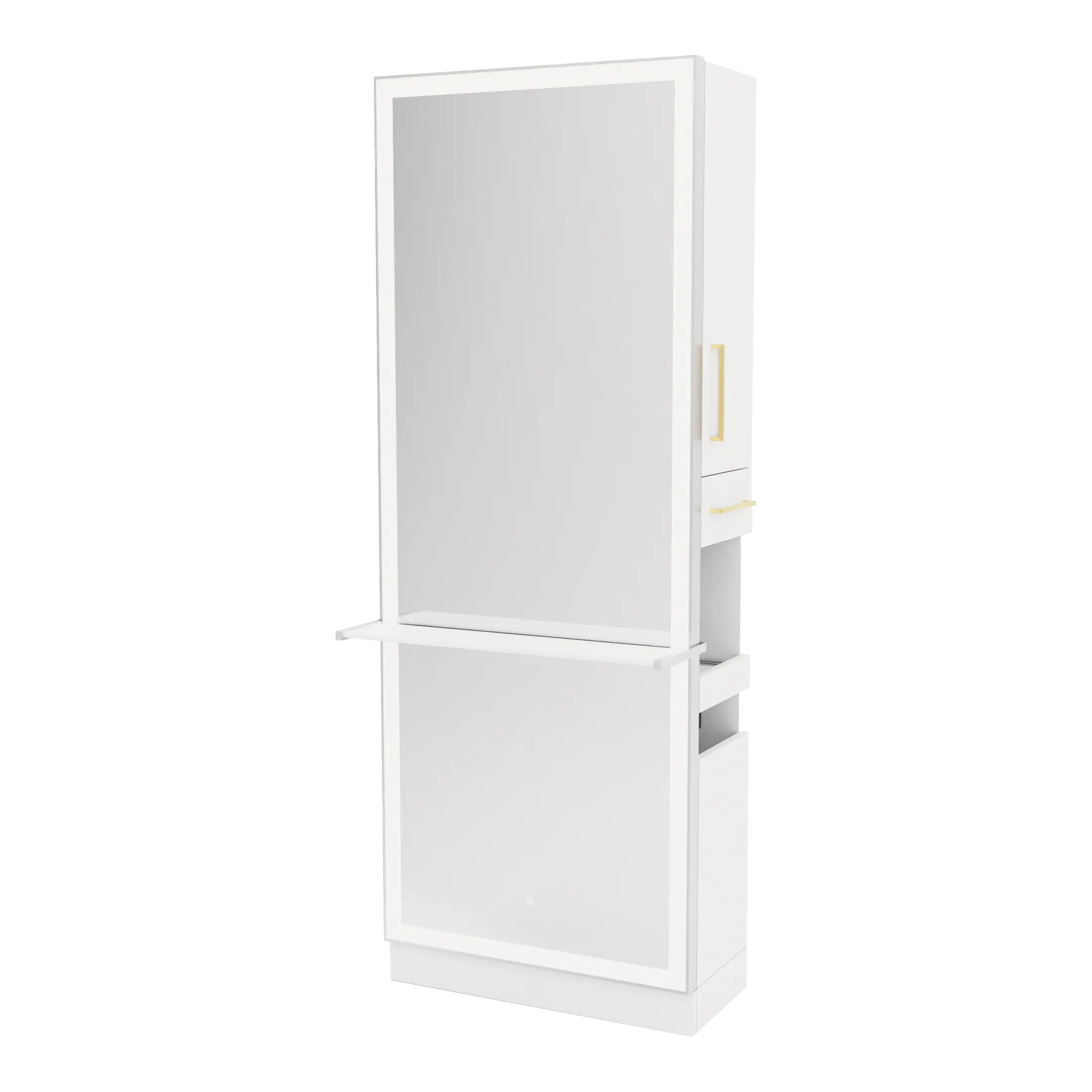 Glo Single Operator Styling Station with Pull-out Appliance Holder, Solid Surface Shelf, and Silver Rectangle Glo Mirror