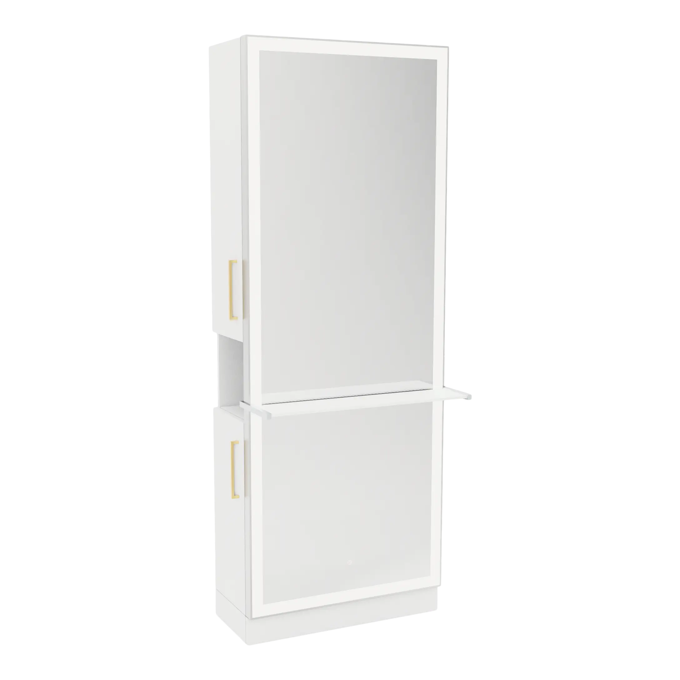 Glo Single Operator Styling Station with Pull-out Appliance Holder, Solid Surface Shelf, and Silver Rectangle Glo Mirror