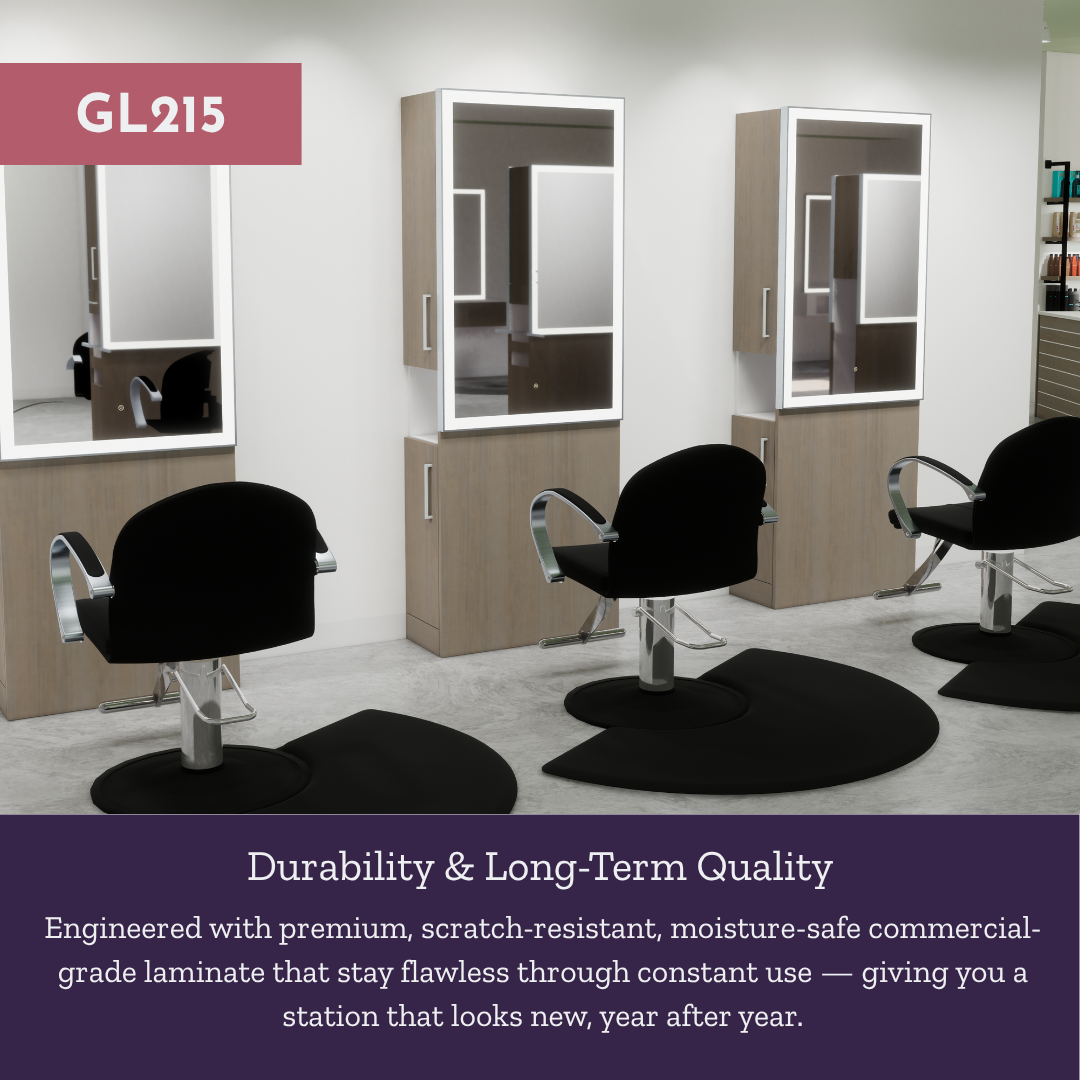 Glo Single Operator Styling Station with Pull-out Appliance Holder and Silver Rectangle Glo Mirror