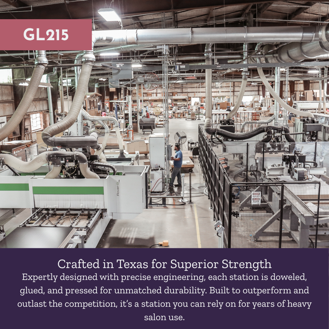 Glo Single Operator Styling Station with Pull-out Appliance Holder, Solid Surface Shelf, and Silver Rectangle Glo Mirror