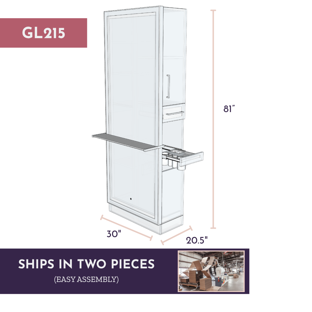 Glo Single Operator Styling Station with Pull-out Appliance Holder, Solid Surface Shelf, and Silver Rectangle Glo Mirror