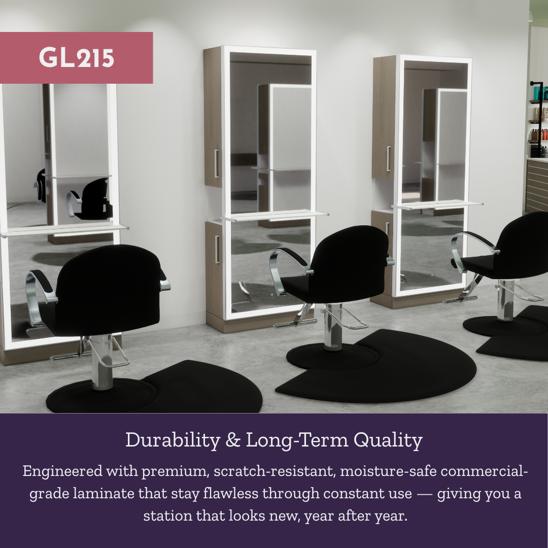 Glo Single Operator Styling Station with Pull-out Appliance Holder, Solid Surface Shelf, and Silver Rectangle Glo Mirror