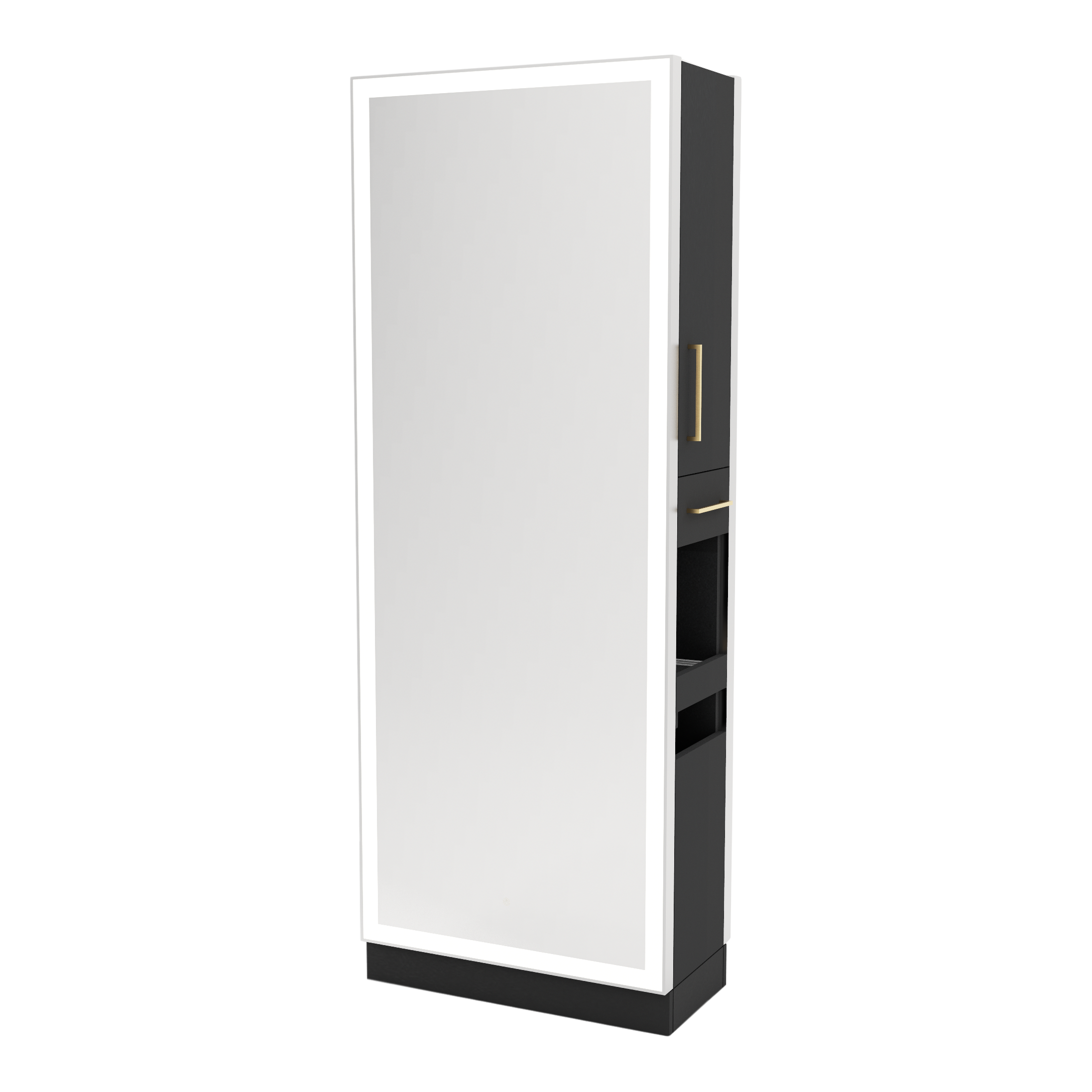 Glo Double Operator Styling Station with Slide-out  Appliance Holder and Silver Full-Length Rectangle Glo Mirror