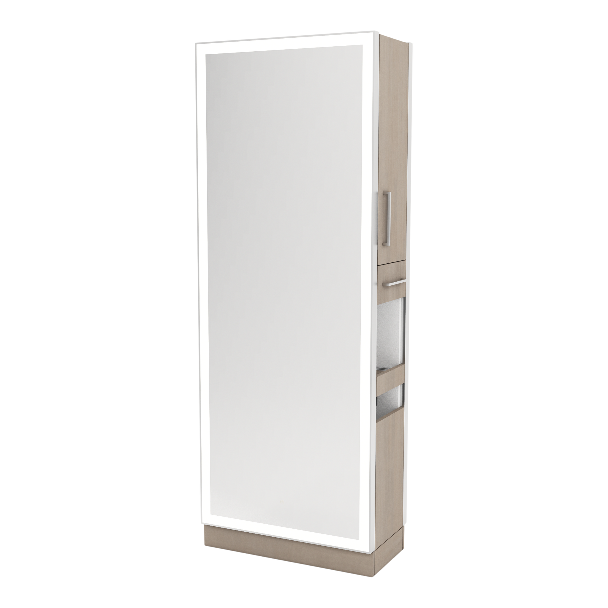 Glo Double Operator Styling Station with Slide-out  Appliance Holder and Silver Full-Length Rectangle Glo Mirror