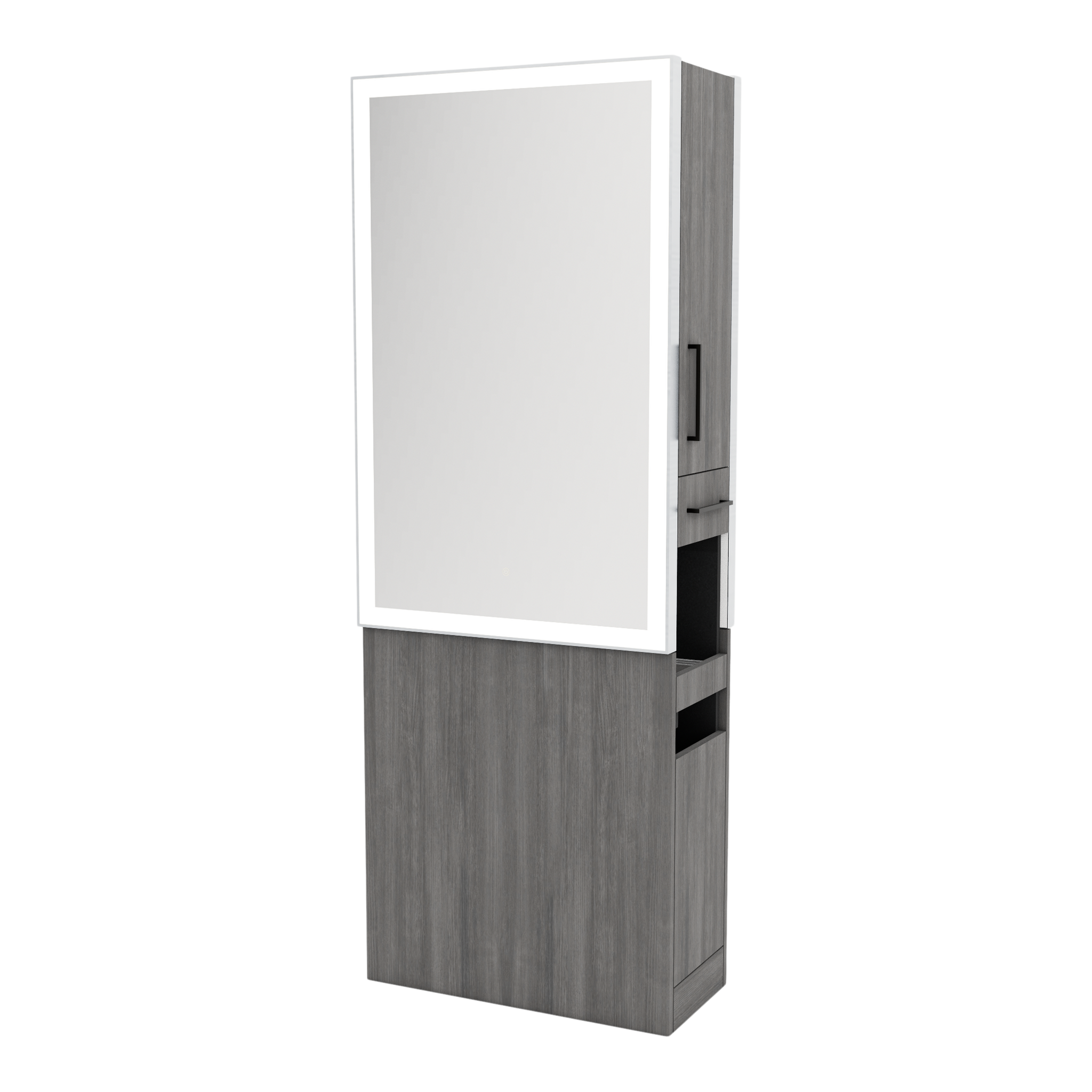 Glo Double Operator Styling Station with Slide-out Appliance Holder and Silver Rectangle Glo Mirror