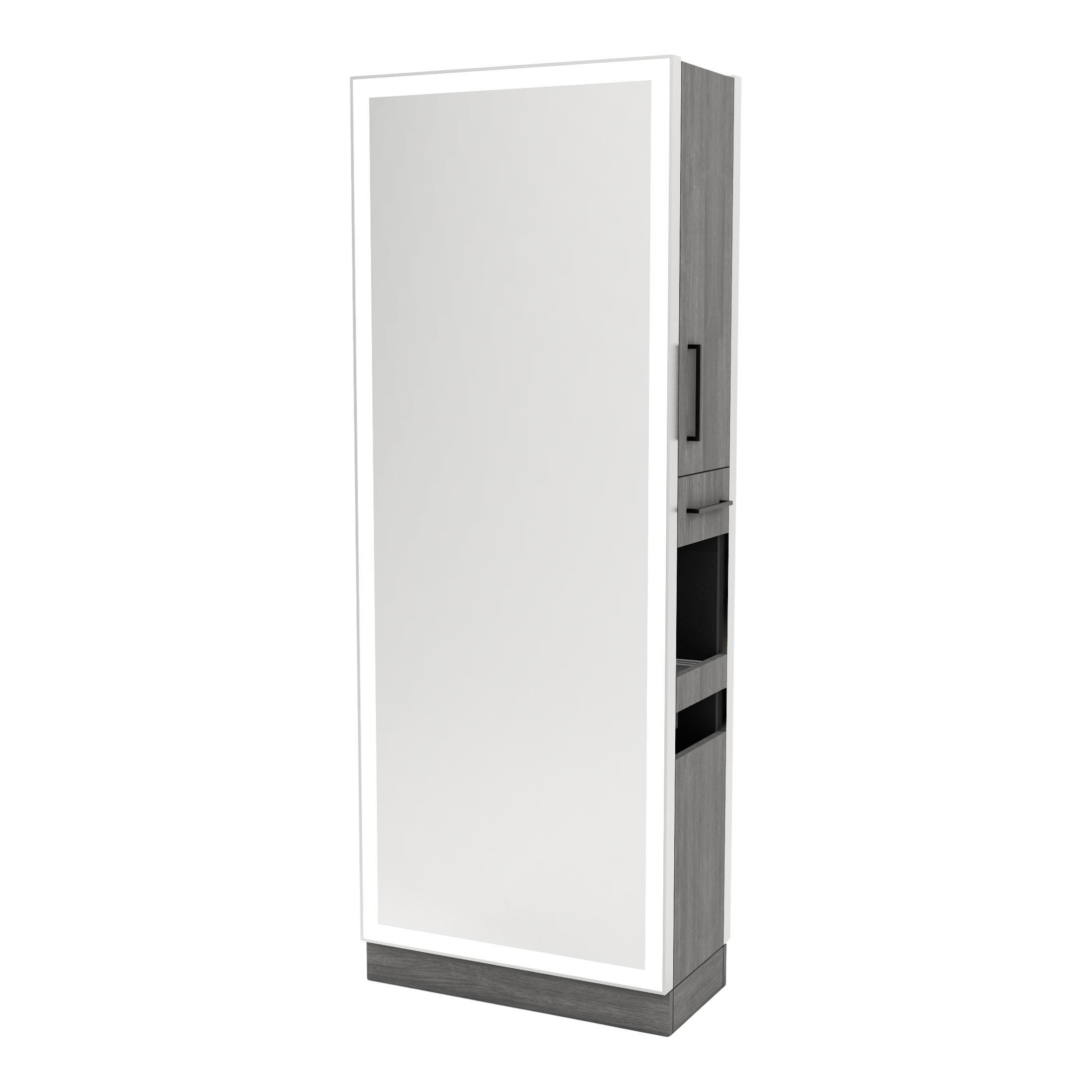 Glo Double Operator Styling Station with Slide-out  Appliance Holder and Silver Full-Length Rectangle Glo Mirror