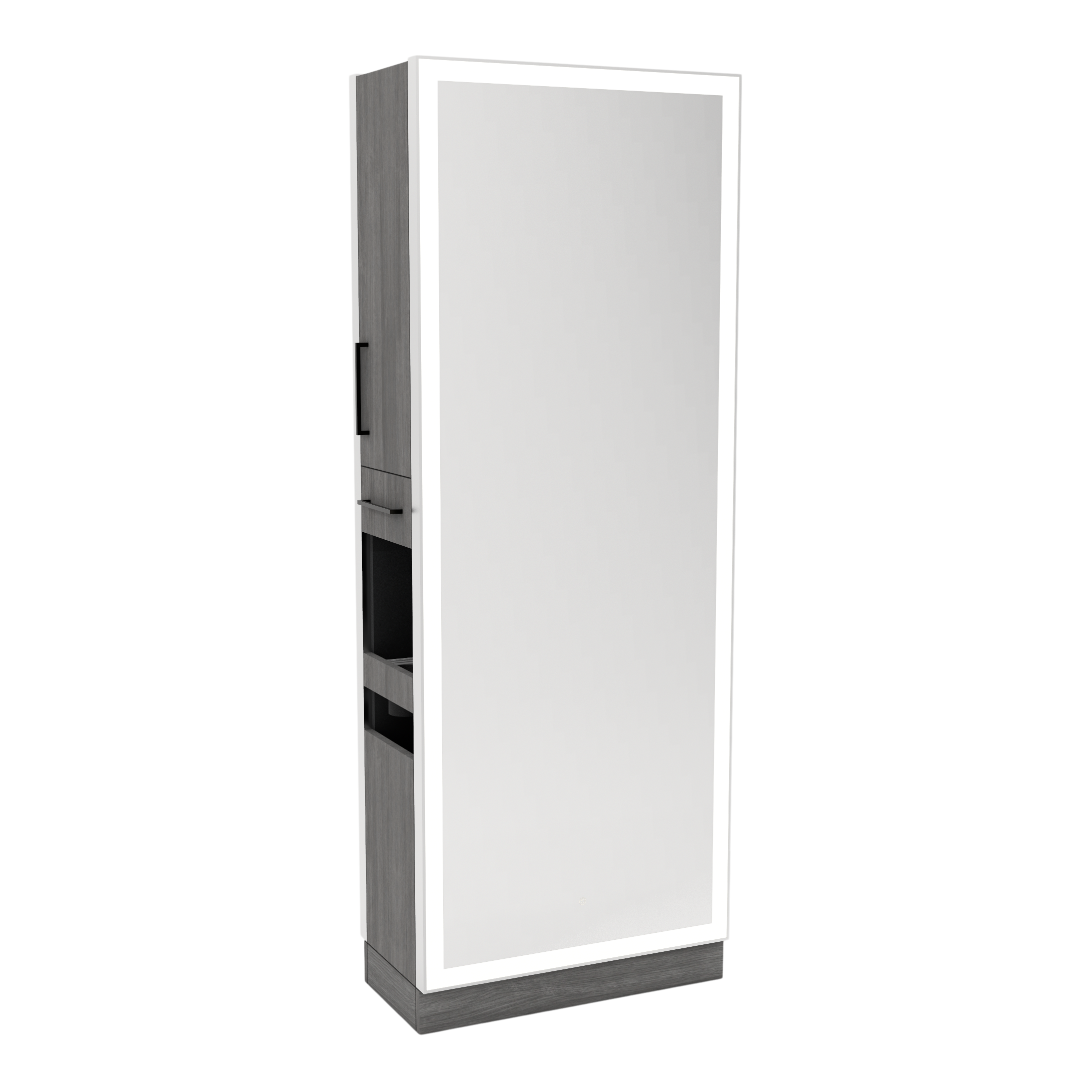 Glo Double Operator Styling Station with Slide-out  Appliance Holder and Silver Full-Length Rectangle Glo Mirror