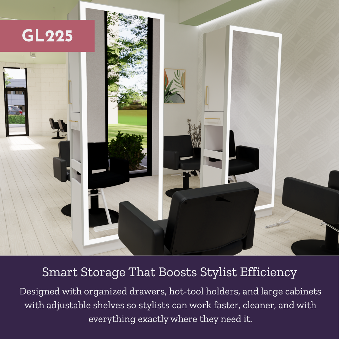 Glo Double Operator Styling Station with Slide-out  Appliance Holder and Silver Full-Length Rectangle Glo Mirror