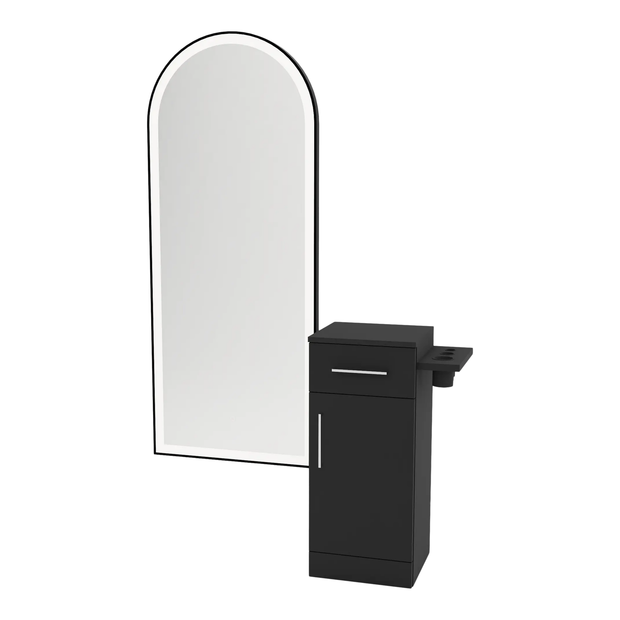 Nova Tower Free Standing Styling Station with Side-Mount Appliance Holder and Black Full-Length Arch Paloma Mirror