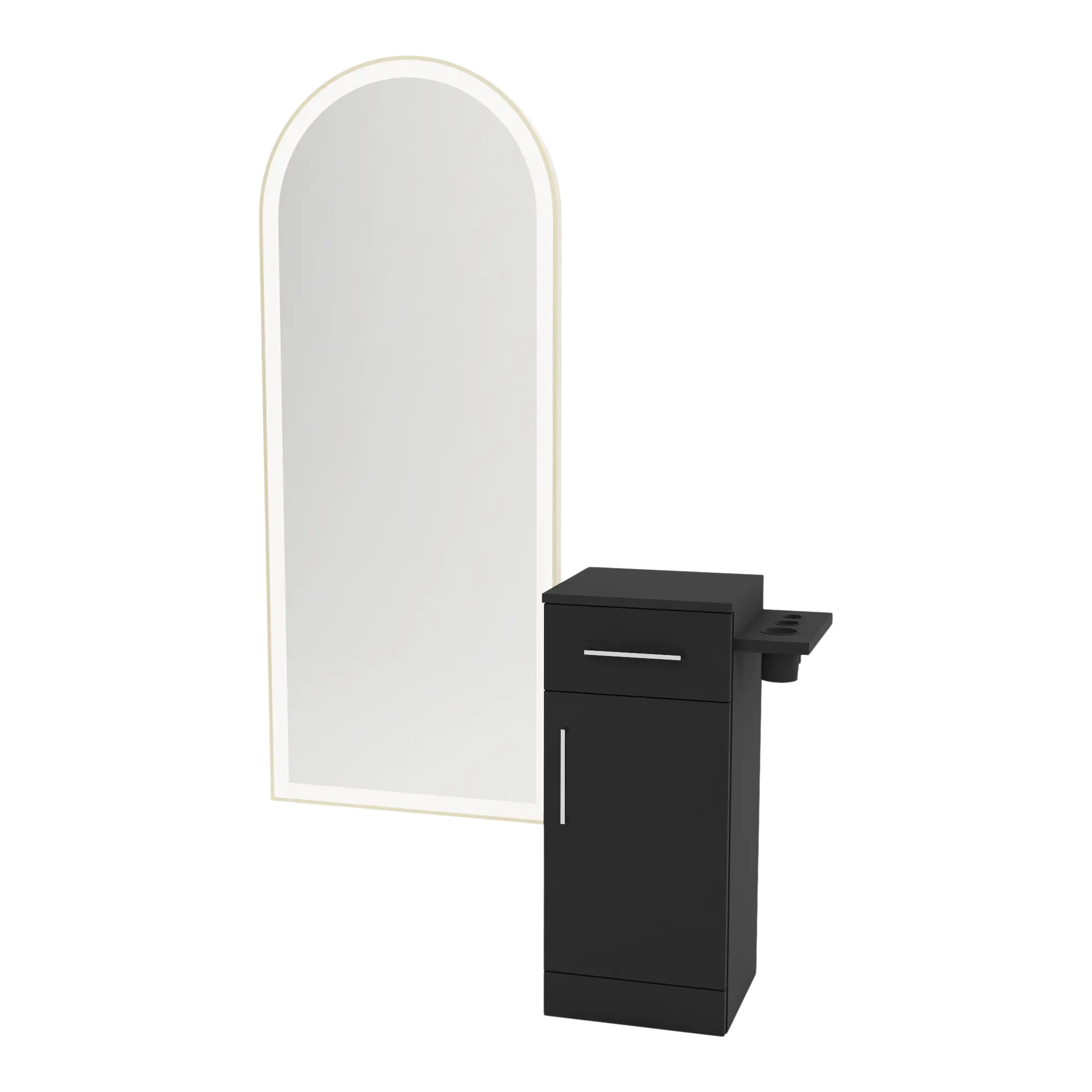 Nova Tower Free Standing Styling Station with Side-Mount Appliance Holder and Gold Full-Length Arch Paloma Mirror