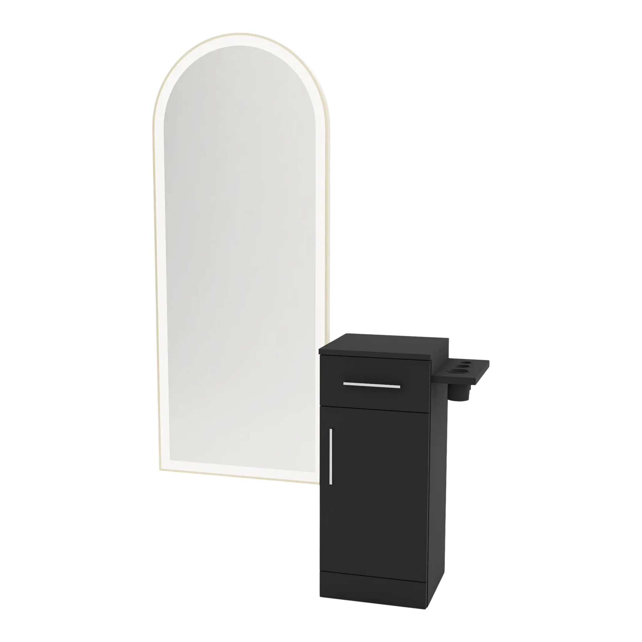 Nova Tower Free Standing Styling Station with Side-Mount Appliance Holder and Gold Full-Length Arch Paloma Mirror