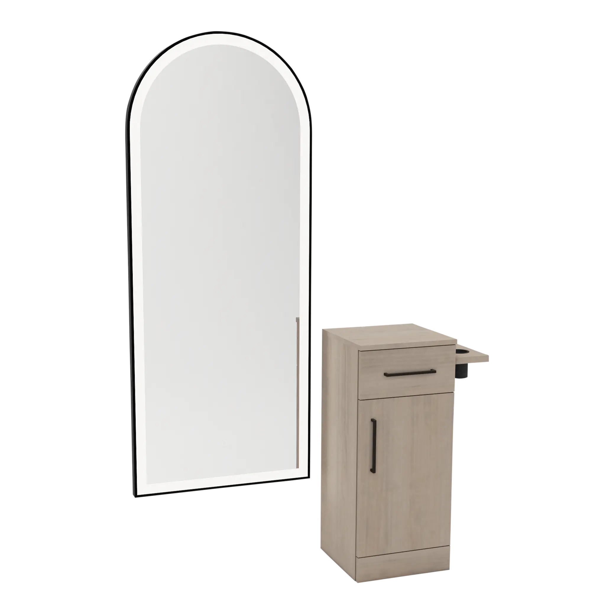 Nova Tower Free Standing Styling Station with Side-Mount Appliance Holder and Black Full-Length Arch Paloma Mirror