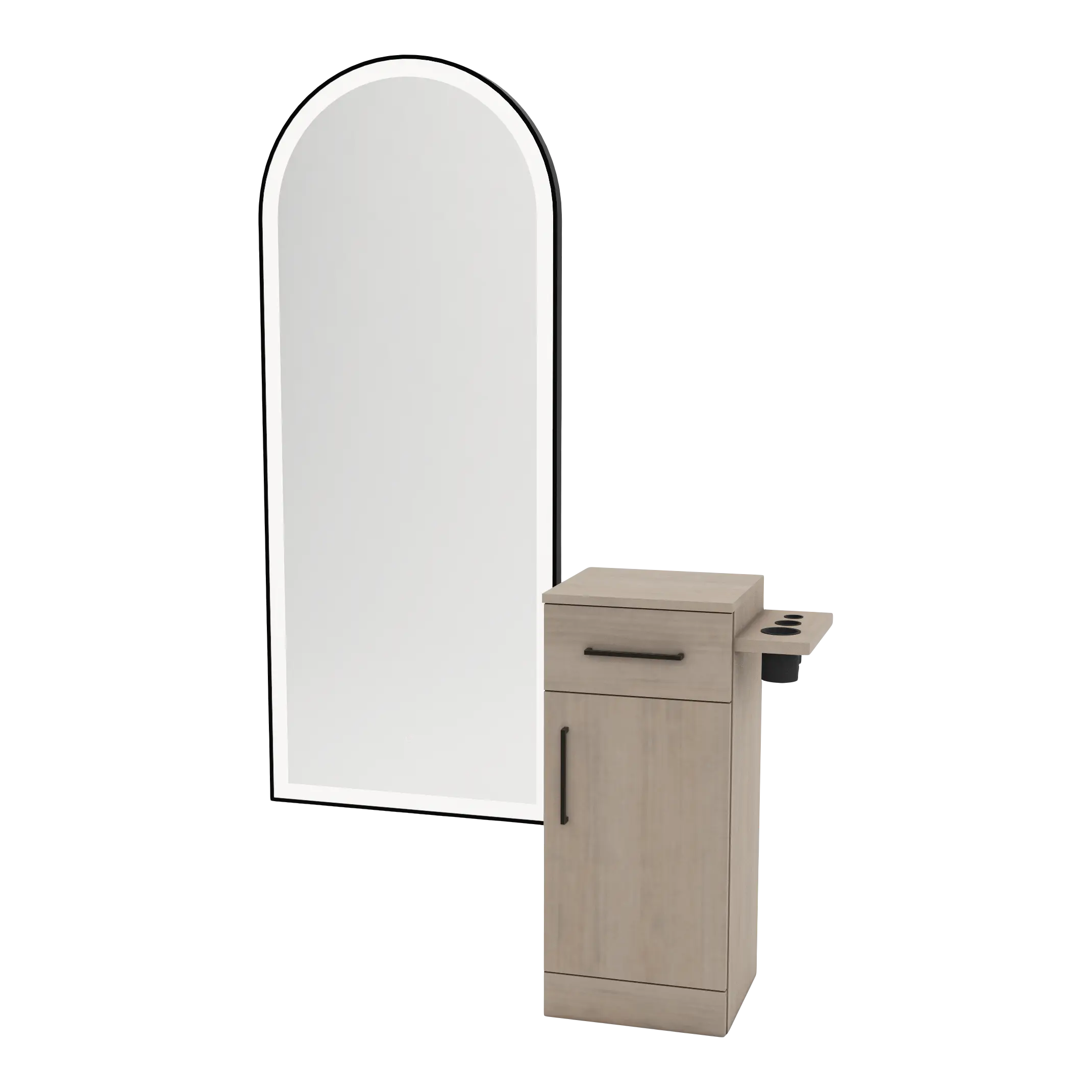 Nova Tower Free Standing Styling Station with Side-Mount Appliance Holder and Black Full-Length Arch Paloma Mirror