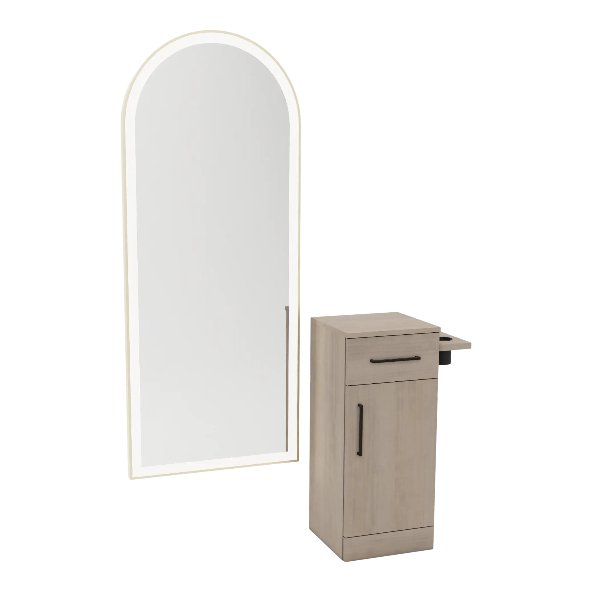 Nova Tower Free Standing Styling Station with Side-Mount Appliance Holder and Gold Full-Length Arch Paloma Mirror