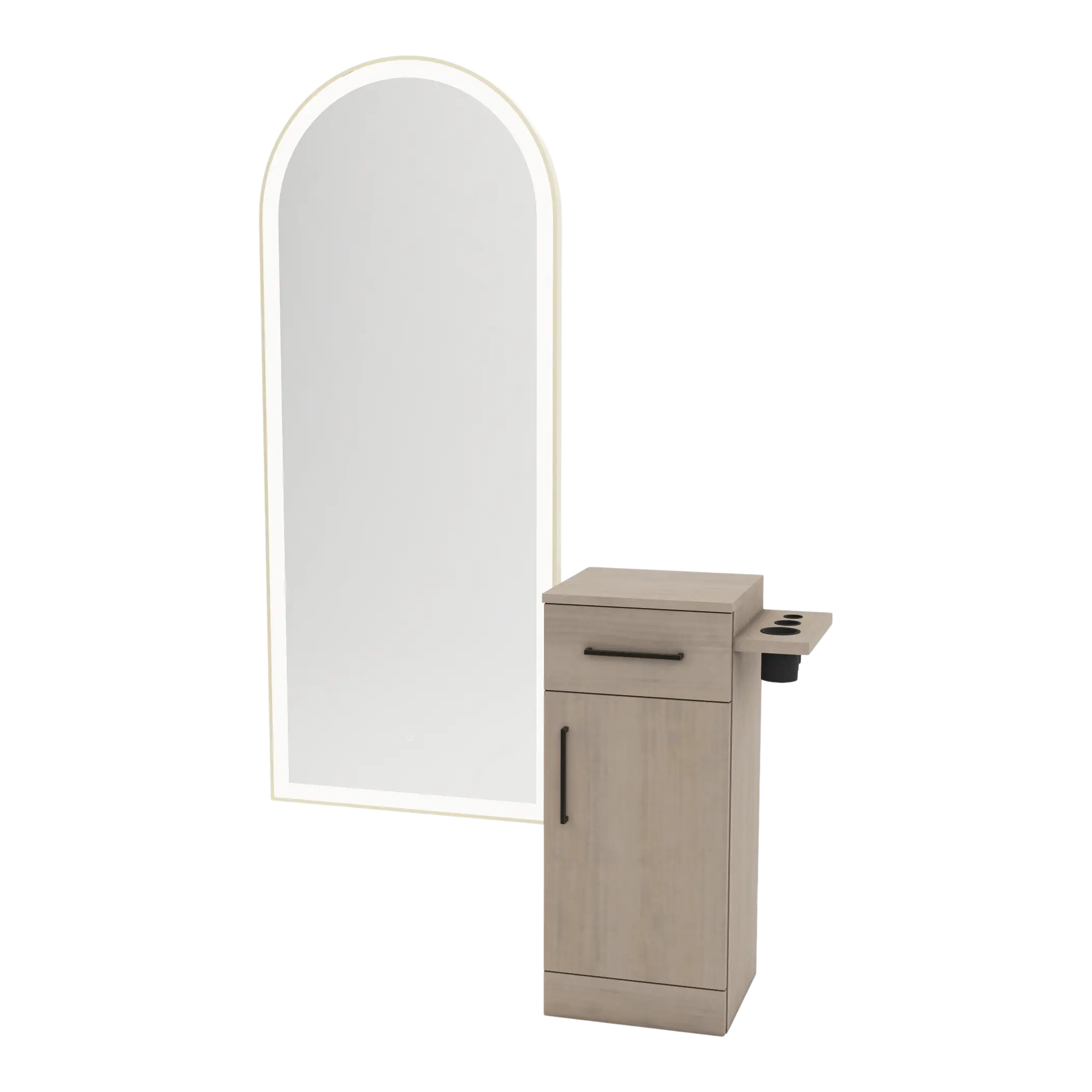 Nova Tower Free Standing Styling Station with Side-Mount Appliance Holder and Gold Full-Length Arch Paloma Mirror