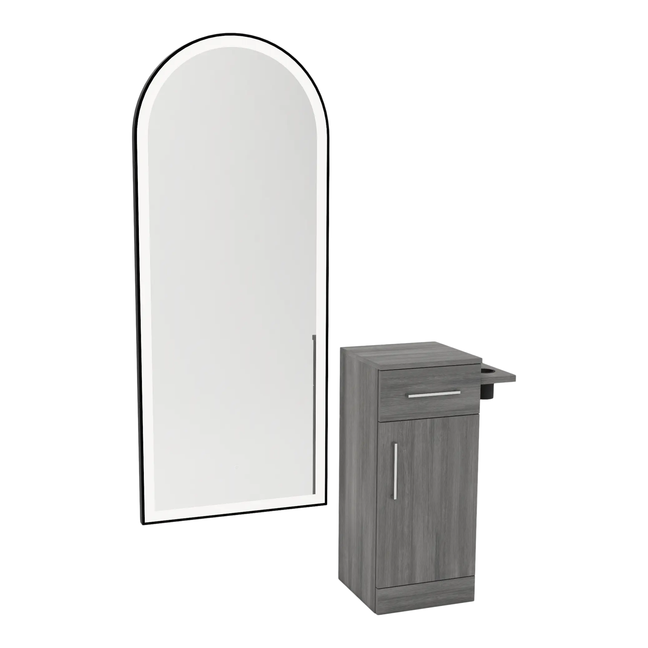 Nova Tower Free Standing Styling Station with Side-Mount Appliance Holder and Black Full-Length Arch Paloma Mirror