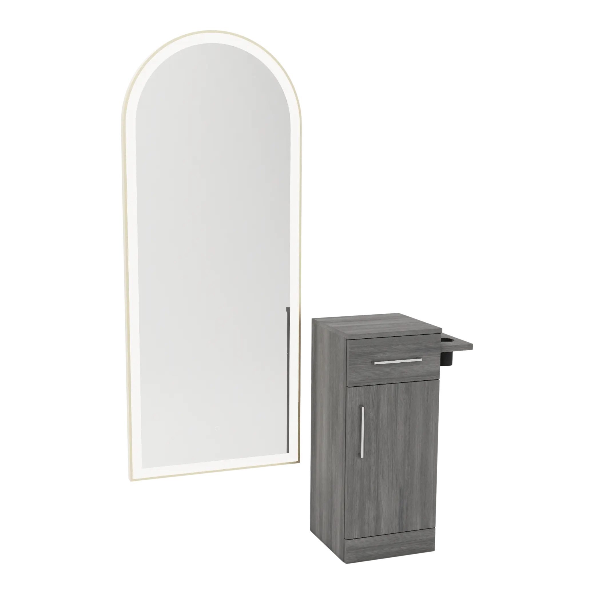 Nova Tower Free Standing Styling Station with Side-Mount Appliance Holder and Gold Full-Length Arch Paloma Mirror