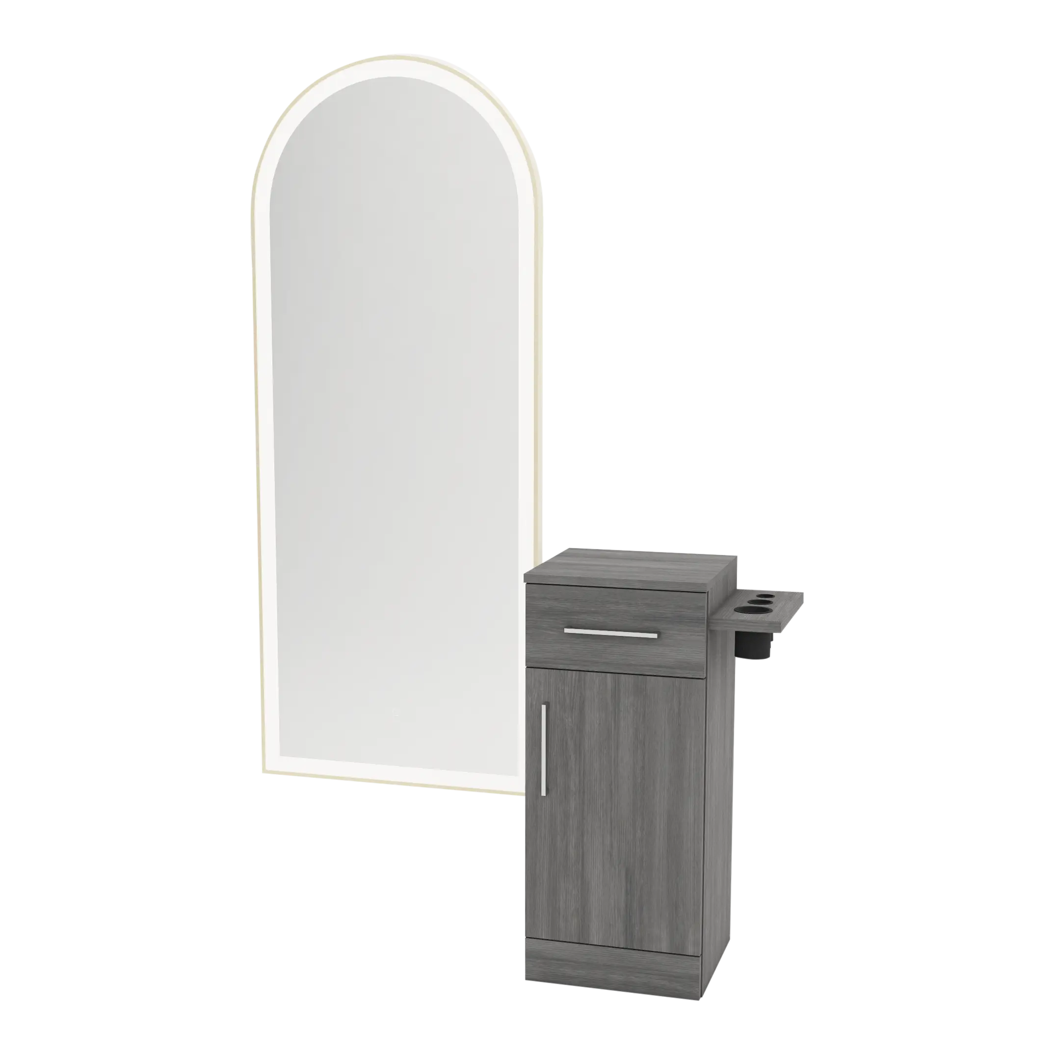 Nova Tower Free Standing Styling Station with Side-Mount Appliance Holder and Gold Full-Length Arch Paloma Mirror