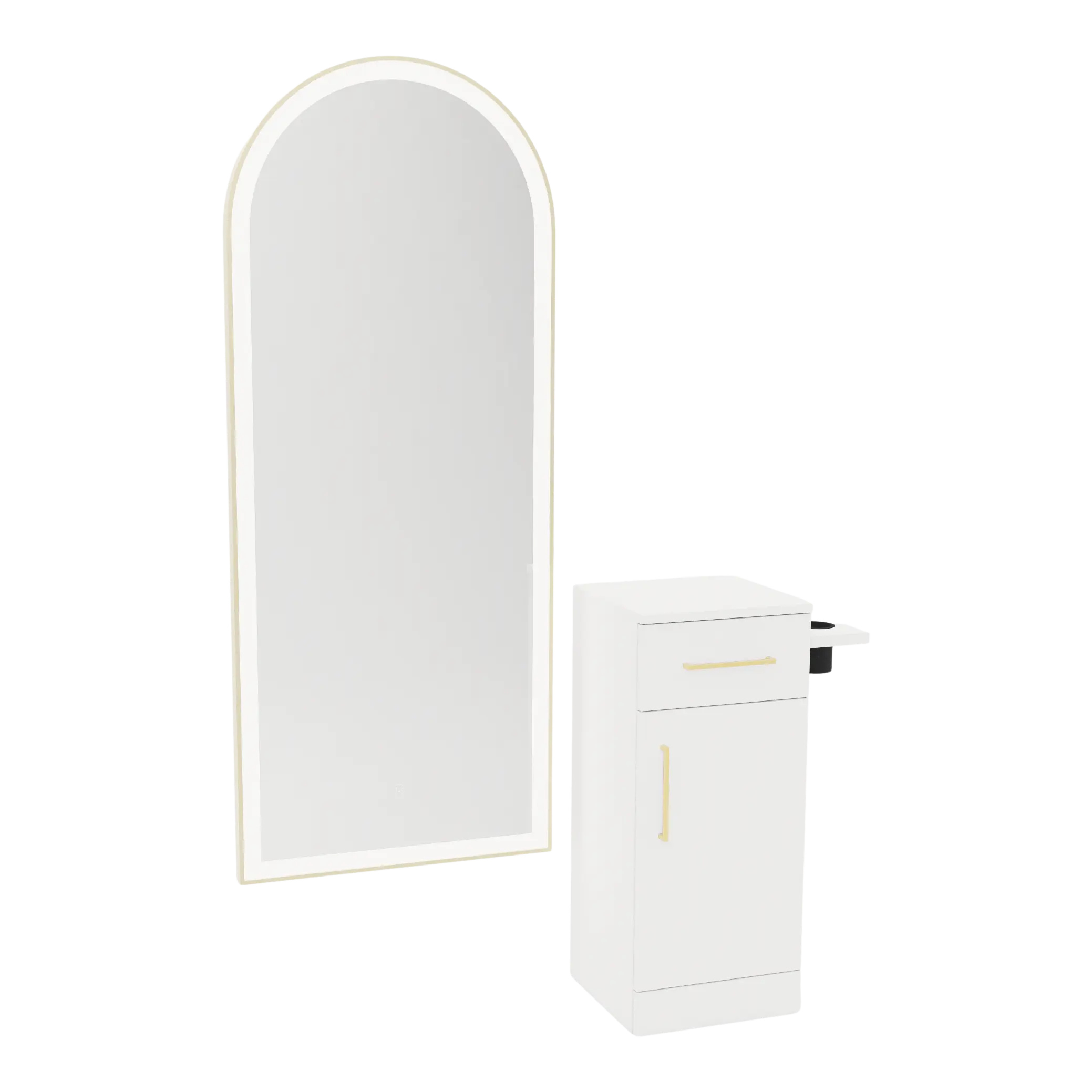 Nova Tower Free Standing Styling Station with Side-Mount Appliance Holder and Gold Full-Length Arch Paloma Mirror