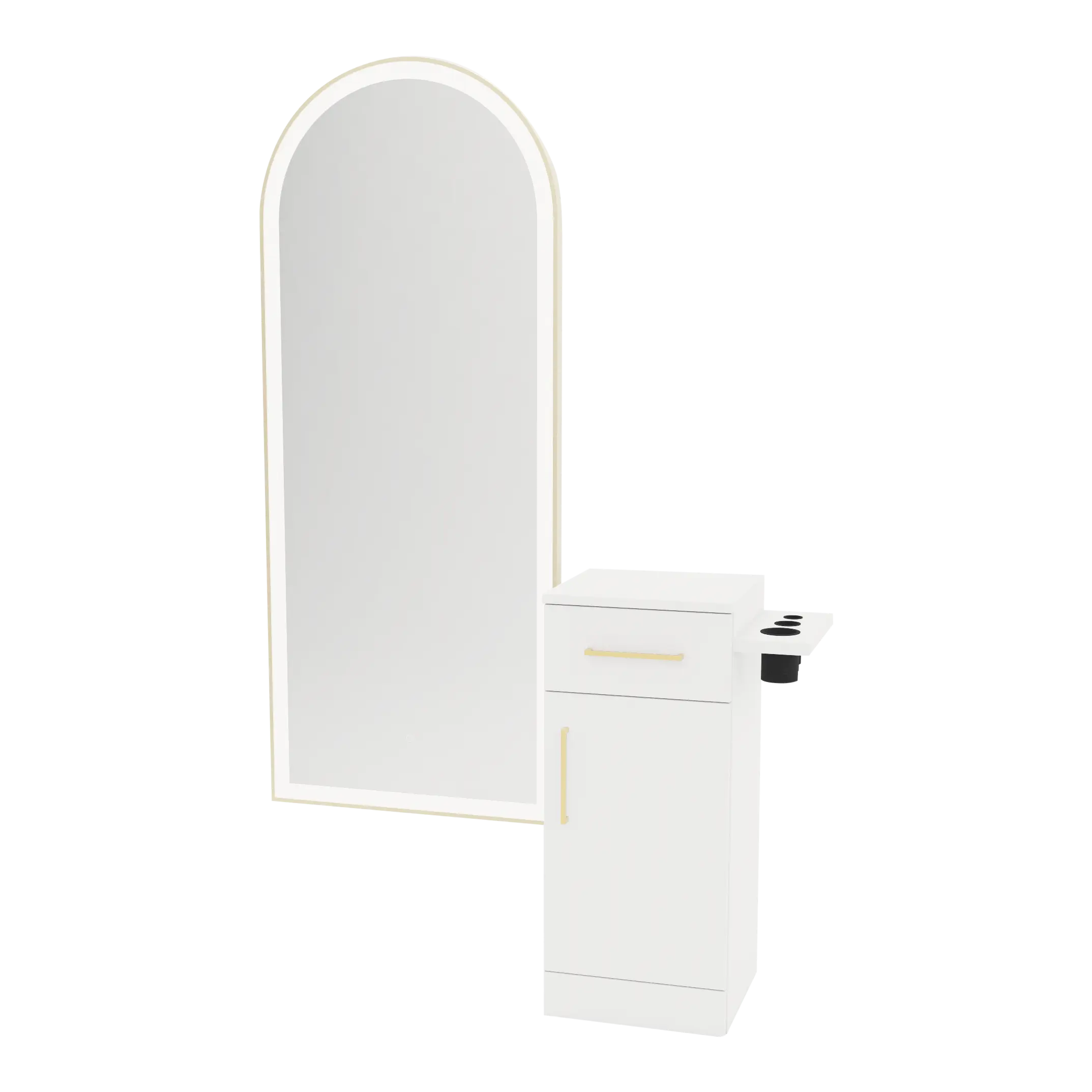 Nova Tower Free Standing Styling Station with Side-Mount Appliance Holder and Gold Full-Length Arch Paloma Mirror