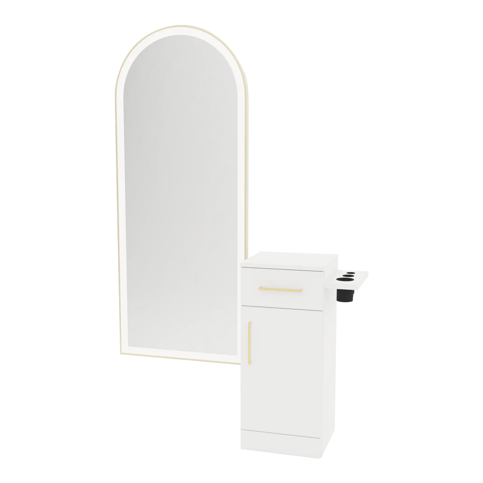 Nova Tower Free Standing Styling Station with Side-Mount Appliance Holder and Gold Full-Length Arch Paloma Mirror