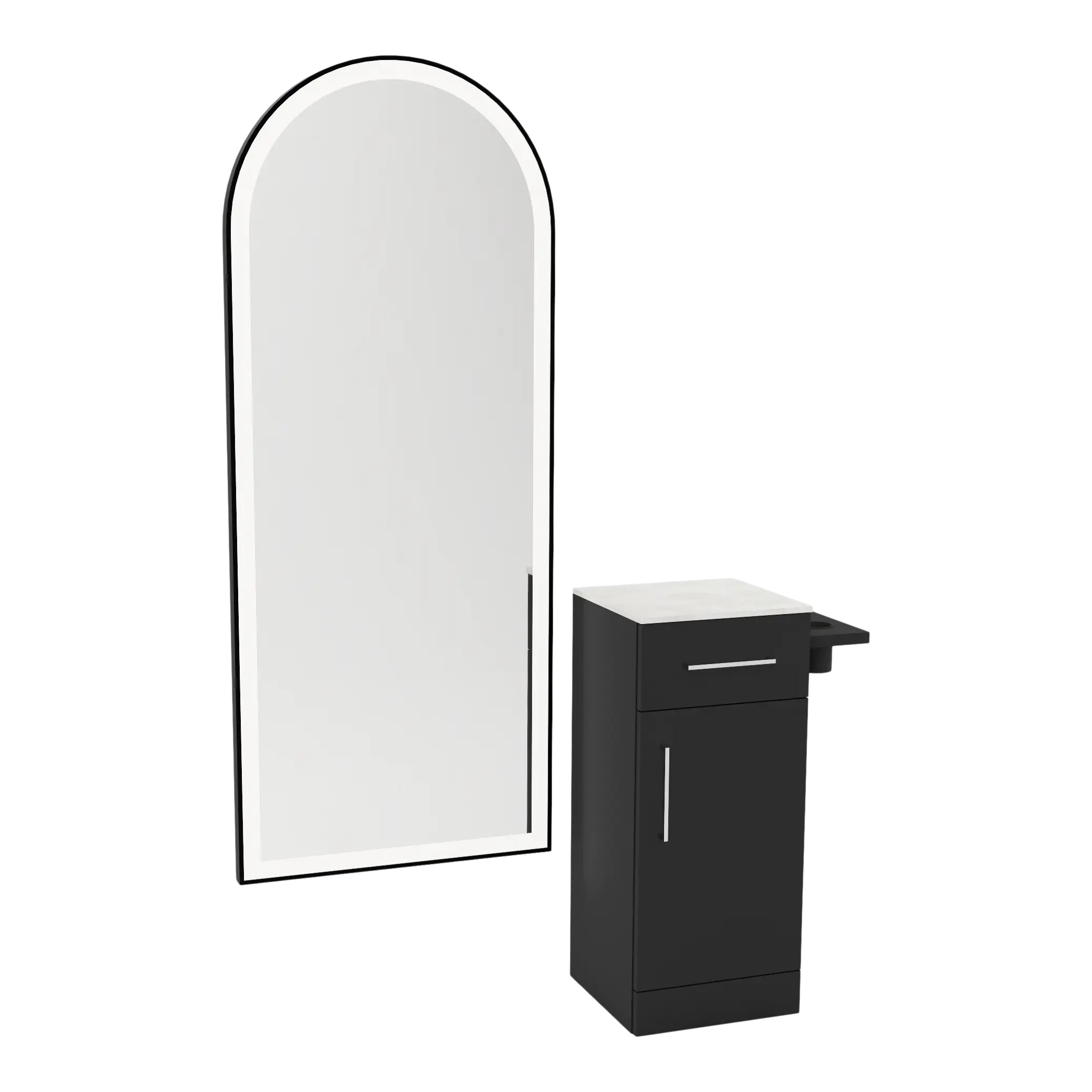 Nova Tower Free Standing Styling Station with Side-Mount Appliance Holder, Solid Surface Countertop, and Black Full-Length Arch Paloma Mirror