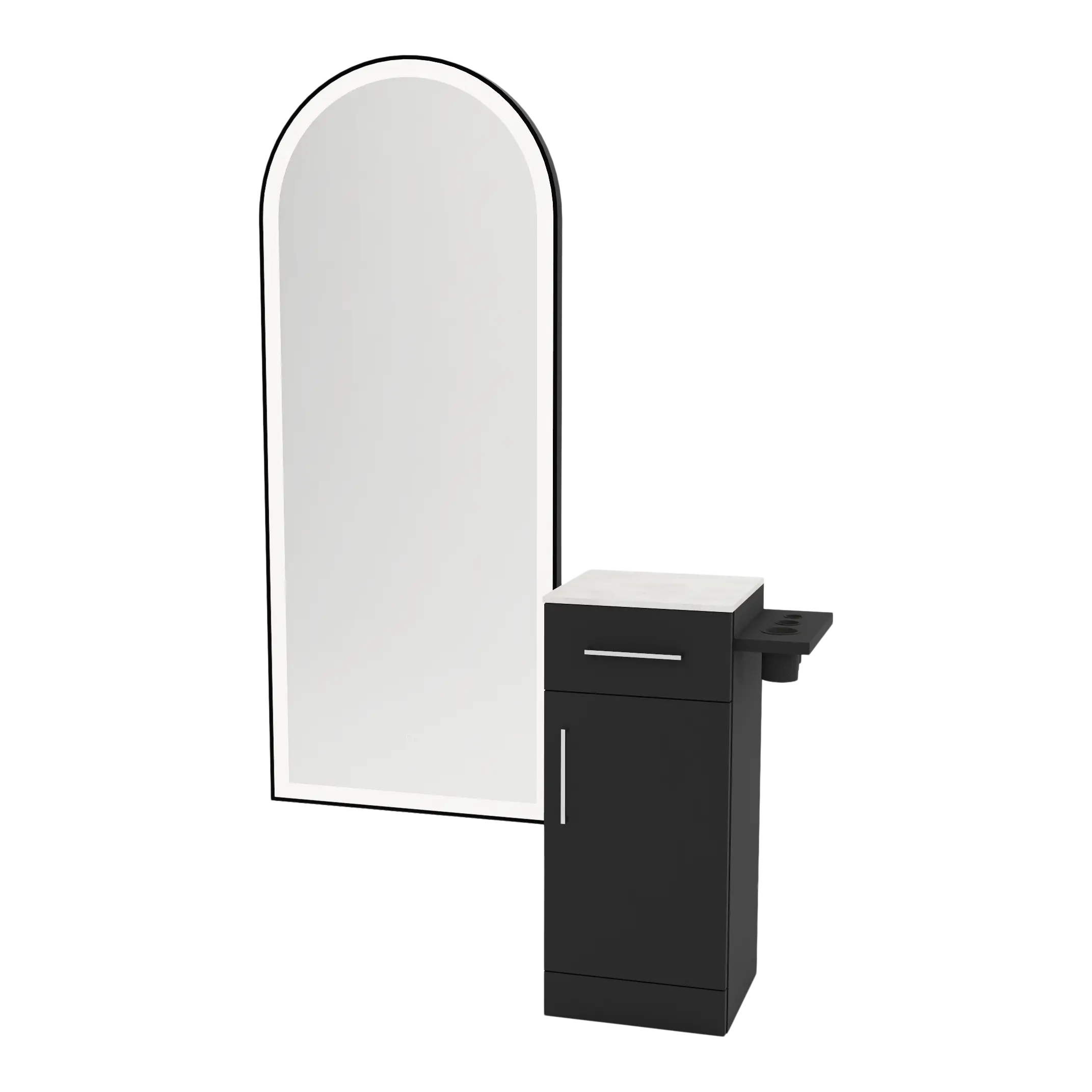 Nova Tower Free Standing Styling Station with Side-Mount Appliance Holder, Solid Surface Countertop, and Black Full-Length Arch Paloma Mirror