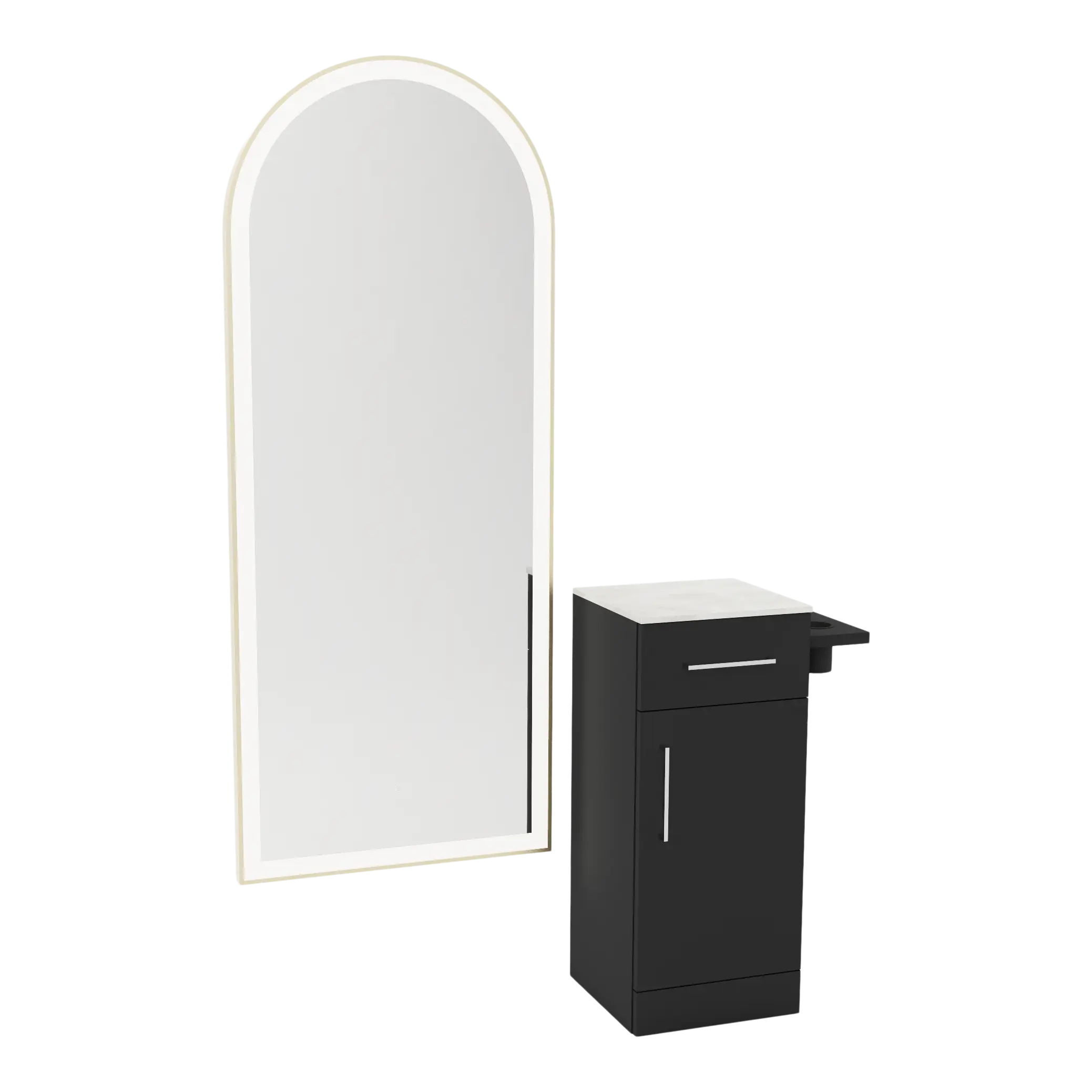 Nova Tower Free Standing Styling Station with Side-Mount Appliance Holder, Solid Surface Countertop, and Gold Full-Length Arch Paloma Mirror