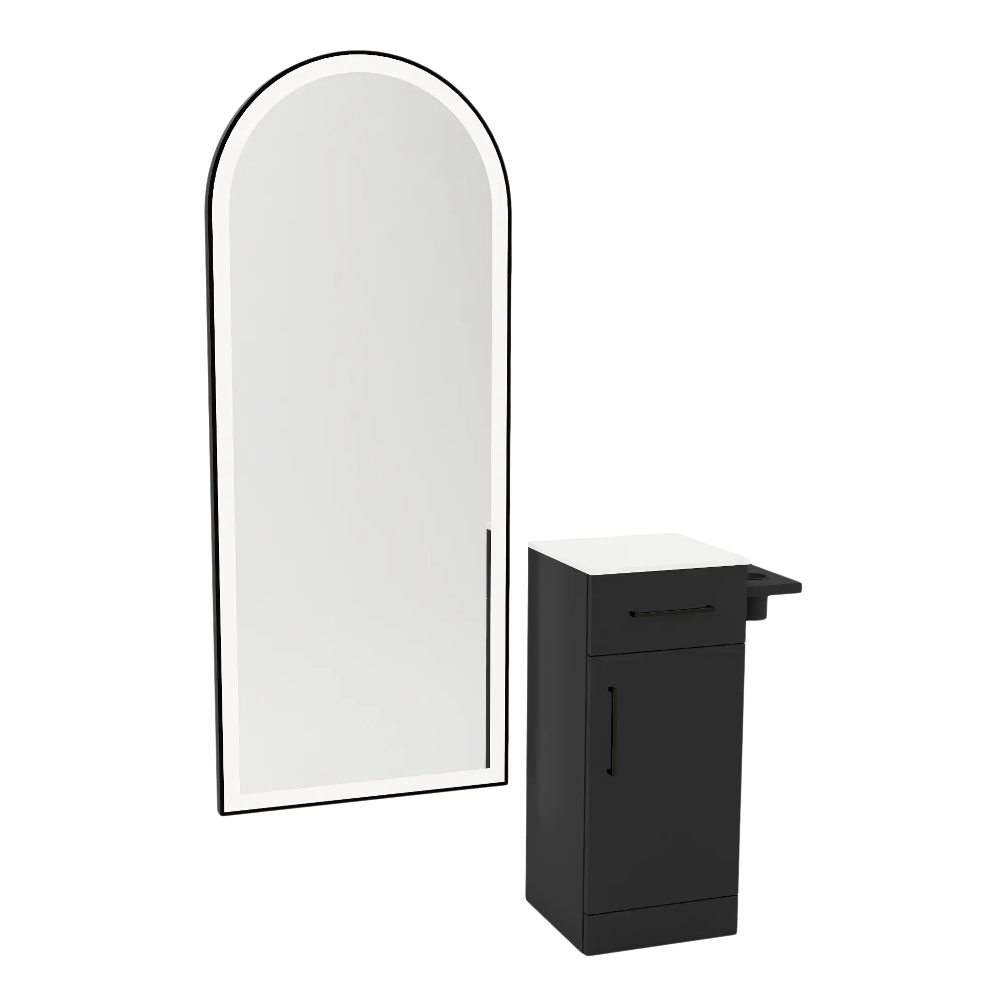 Nova Tower Free Standing Styling Station with Side-Mount Appliance Holder, Solid Surface Countertop, and Black Full-Length Arch Paloma Mirror