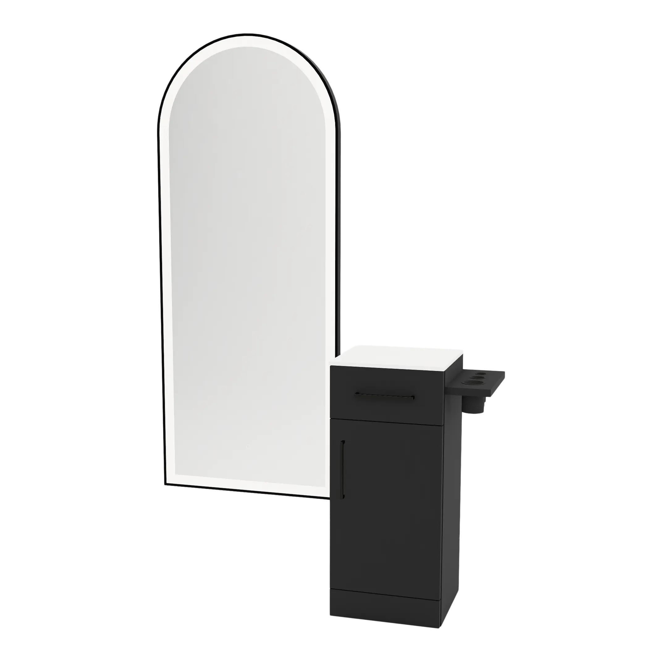 Nova Tower Free Standing Styling Station with Side-Mount Appliance Holder, Solid Surface Countertop, and Black Full-Length Arch Paloma Mirror
