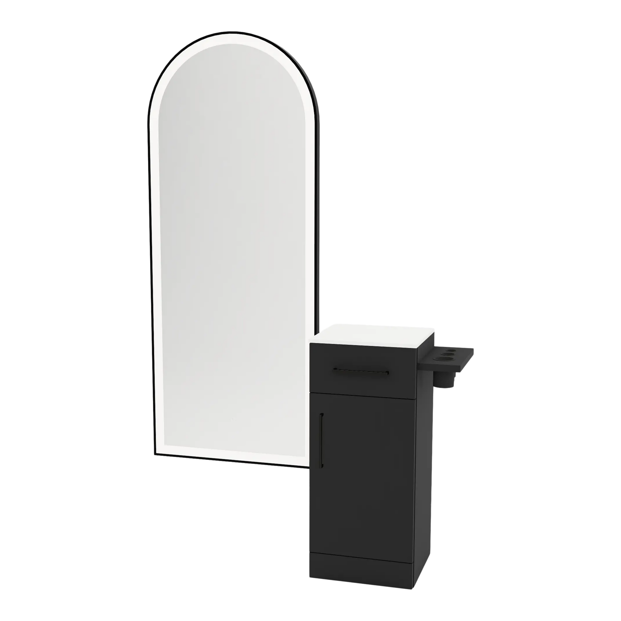 Nova Tower Free Standing Styling Station with Side-Mount Appliance Holder, Solid Surface Countertop, and Black Full-Length Arch Paloma Mirror
