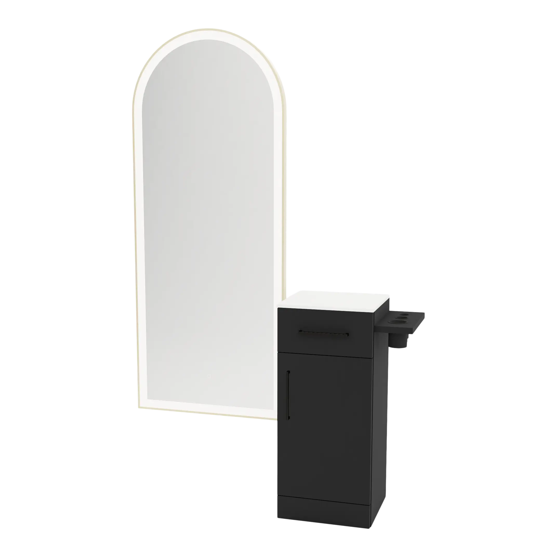 Nova Tower Free Standing Styling Station with Side-Mount Appliance Holder, Solid Surface Countertop, and Gold Full-Length Arch Paloma Mirror