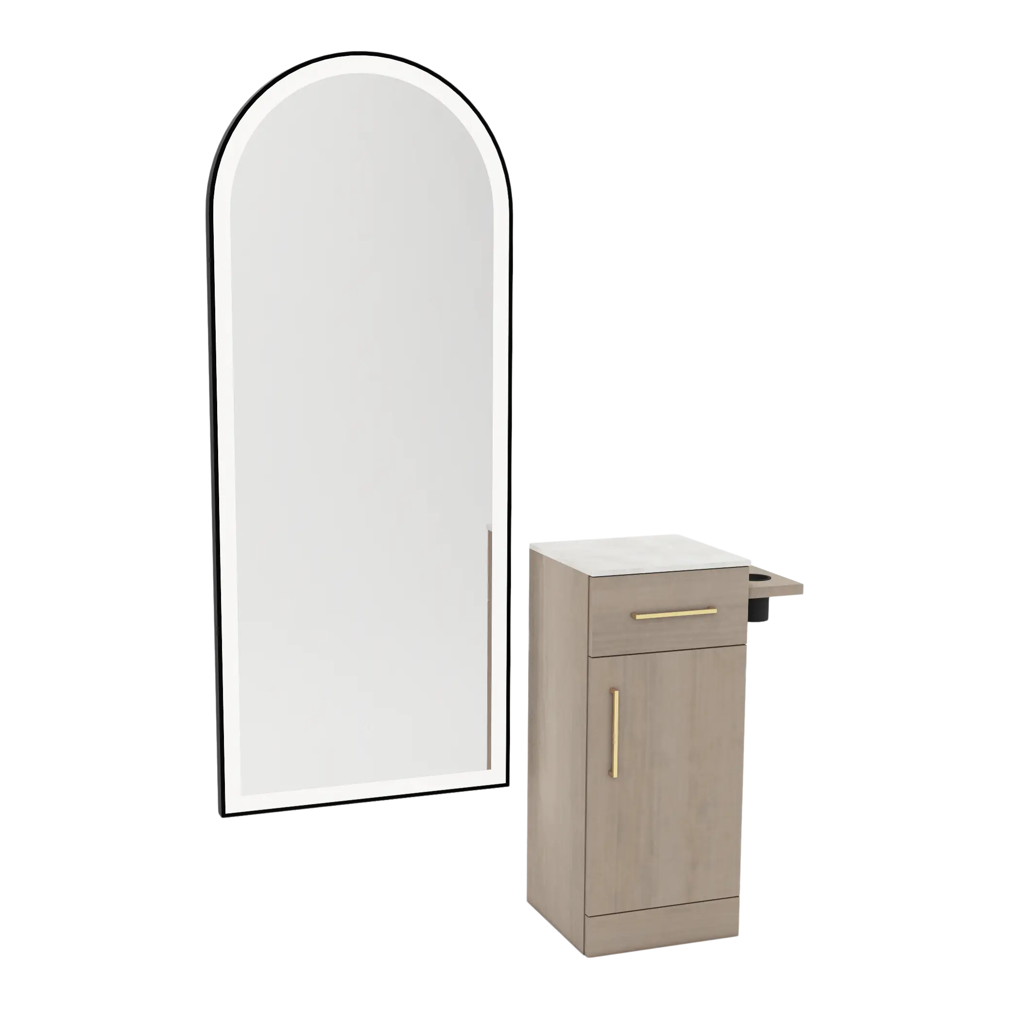 Nova Tower Free Standing Styling Station with Side-Mount Appliance Holder, Solid Surface Countertop, and Black Full-Length Arch Paloma Mirror