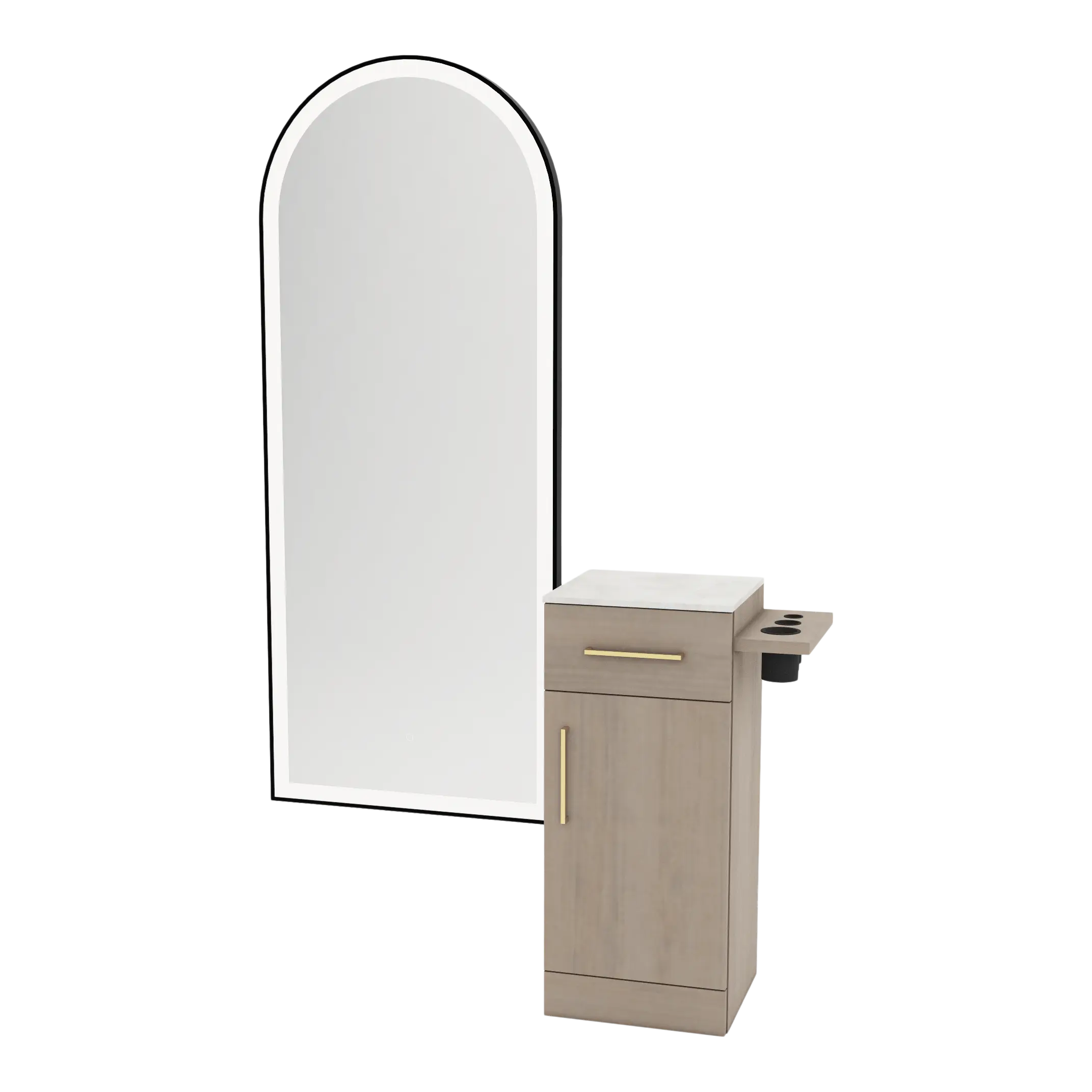 Nova Tower Free Standing Styling Station with Side-Mount Appliance Holder, Solid Surface Countertop, and Black Full-Length Arch Paloma Mirror