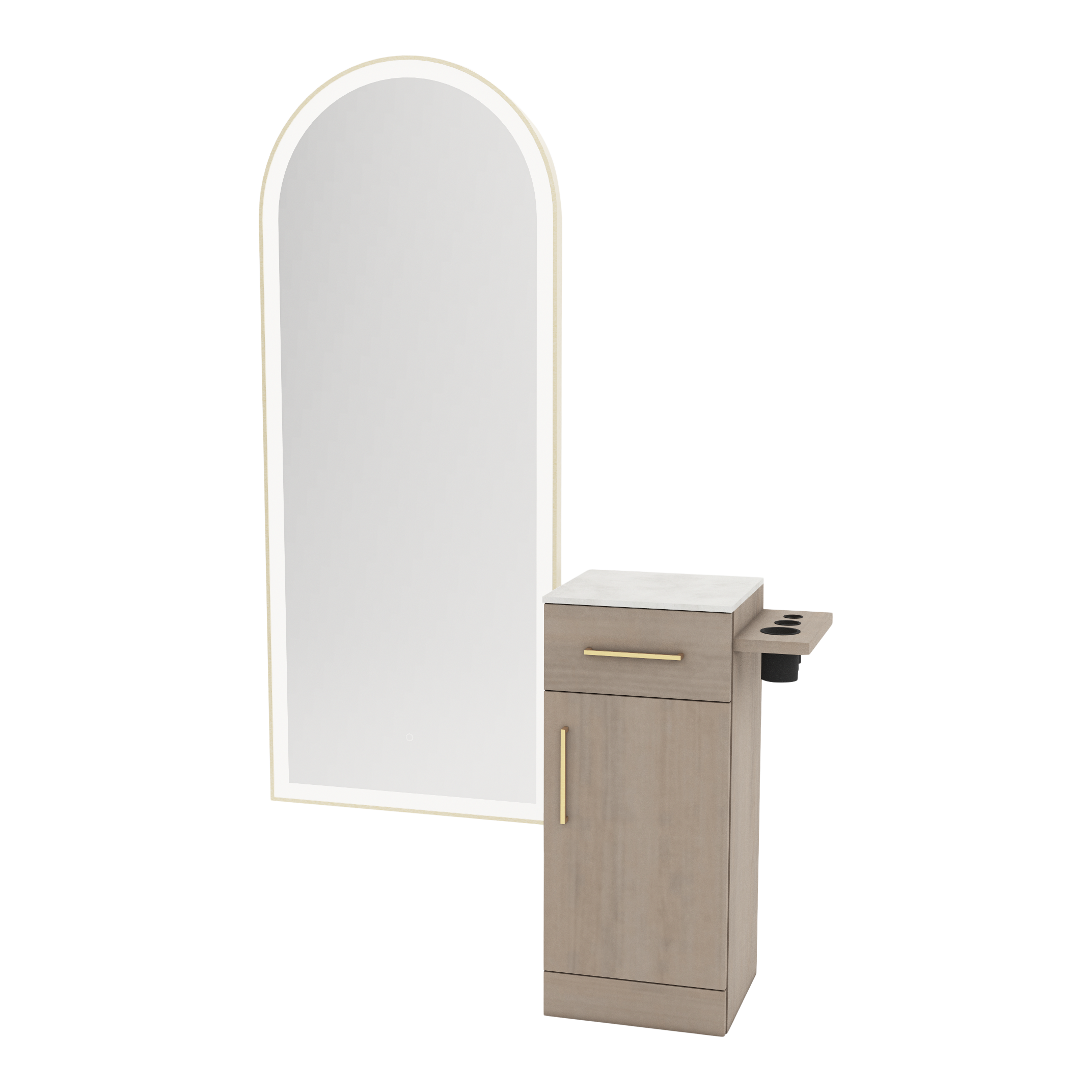 Nova Tower Free Standing Styling Station with Side-Mount Appliance Holder, Solid Surface Countertop, and Gold Full-Length Arch Paloma Mirror