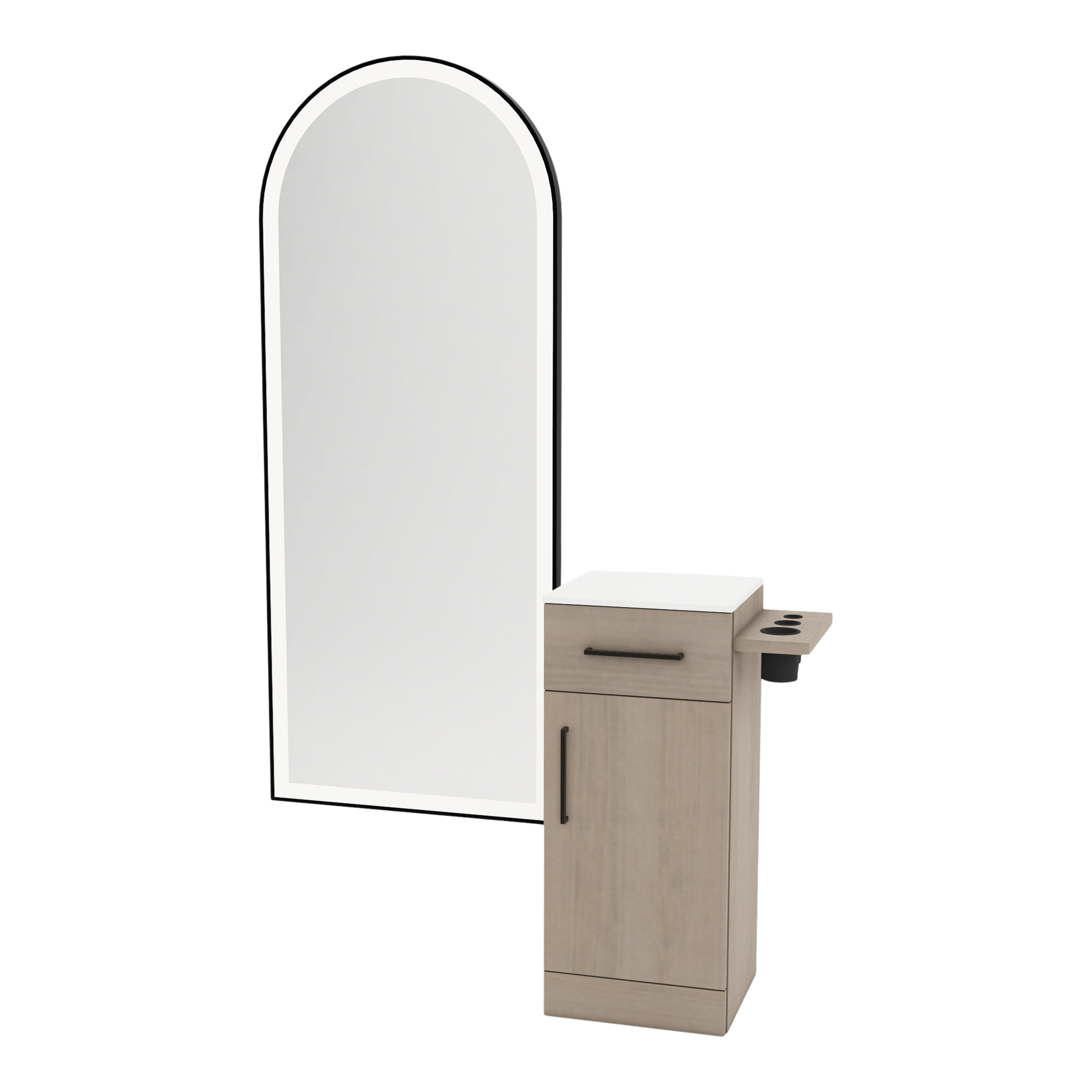 Nova Tower Free Standing Styling Station with Side-Mount Appliance Holder, Solid Surface Countertop, and Black Full-Length Arch Paloma Mirror