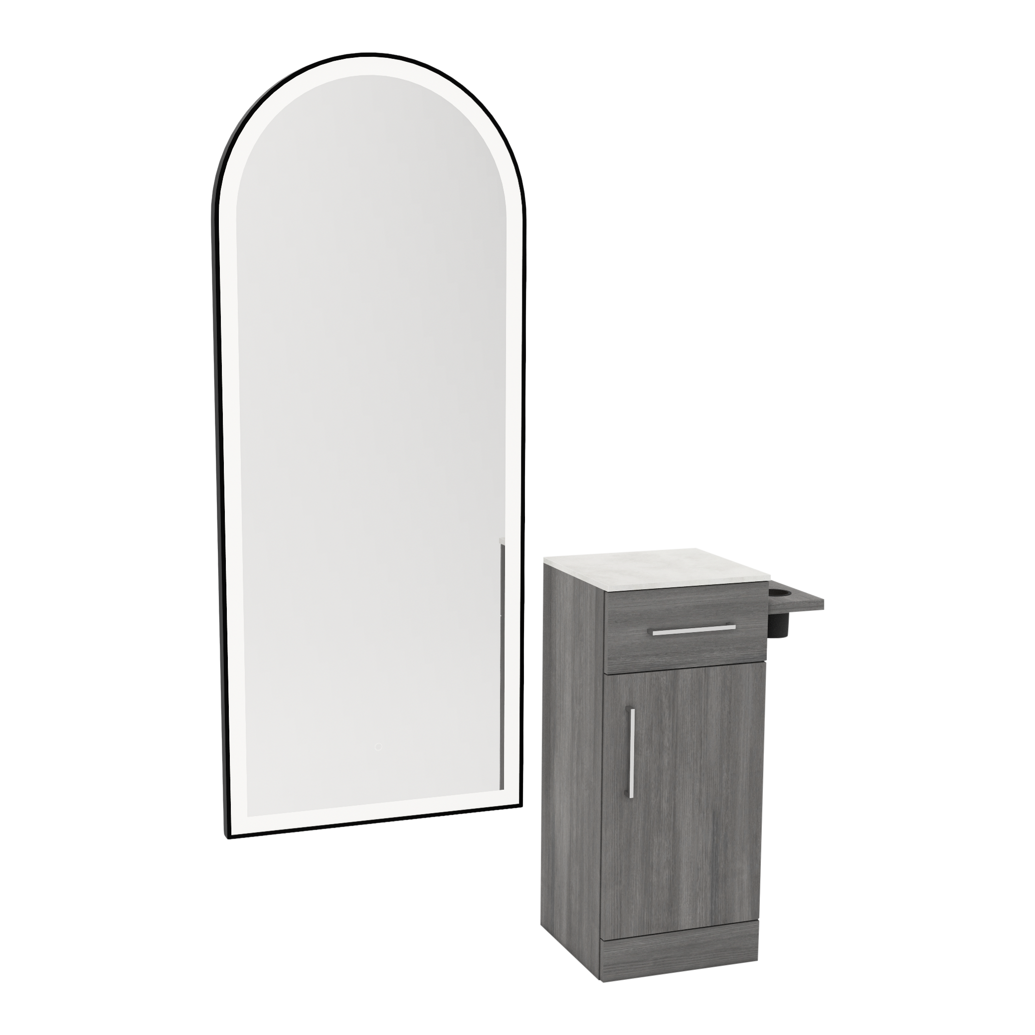 Nova Tower Free Standing Styling Station with Side-Mount Appliance Holder, Solid Surface Countertop, and Black Full-Length Arch Paloma Mirror