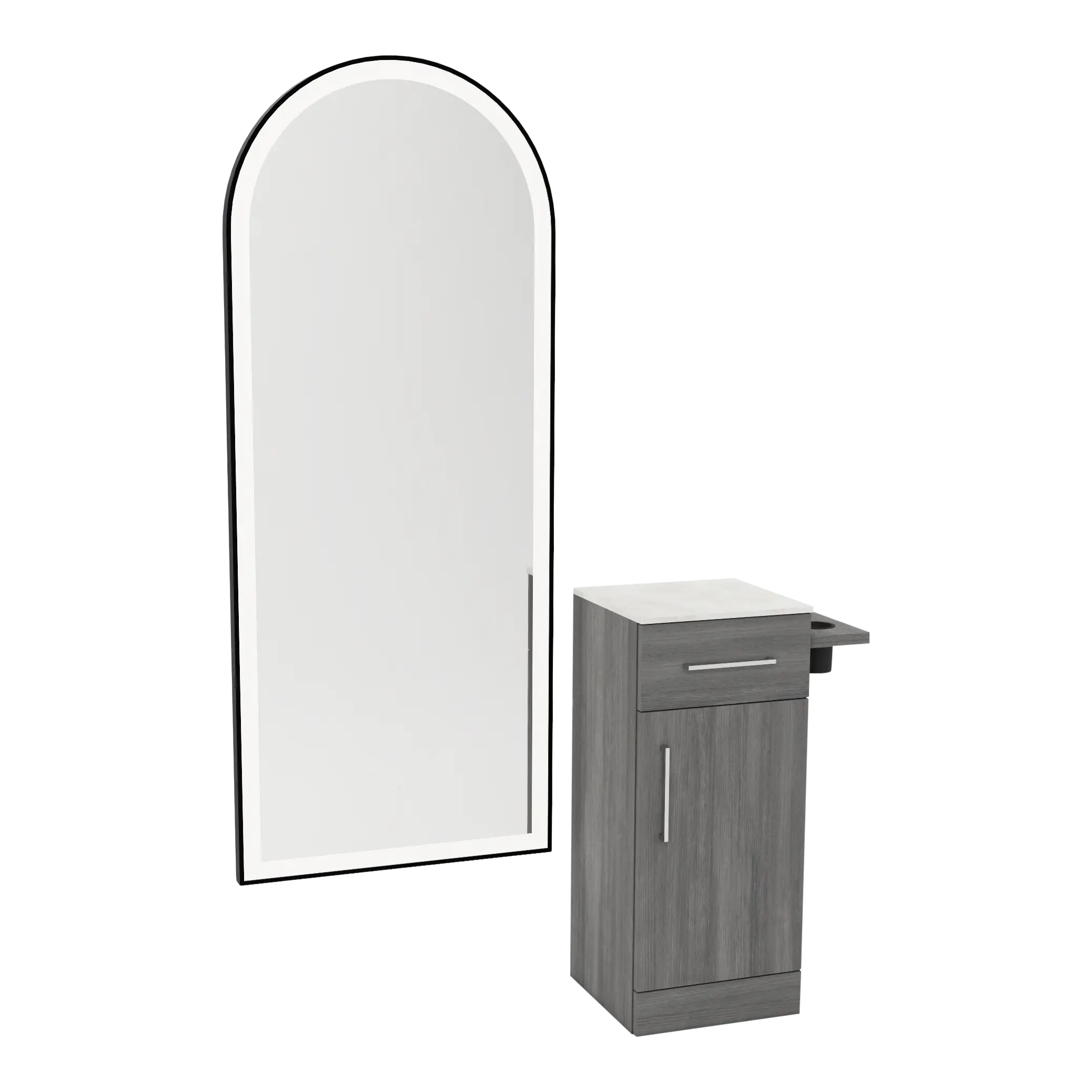 Nova Tower Free Standing Styling Station with Side-Mount Appliance Holder, Solid Surface Countertop, and Black Full-Length Arch Paloma Mirror